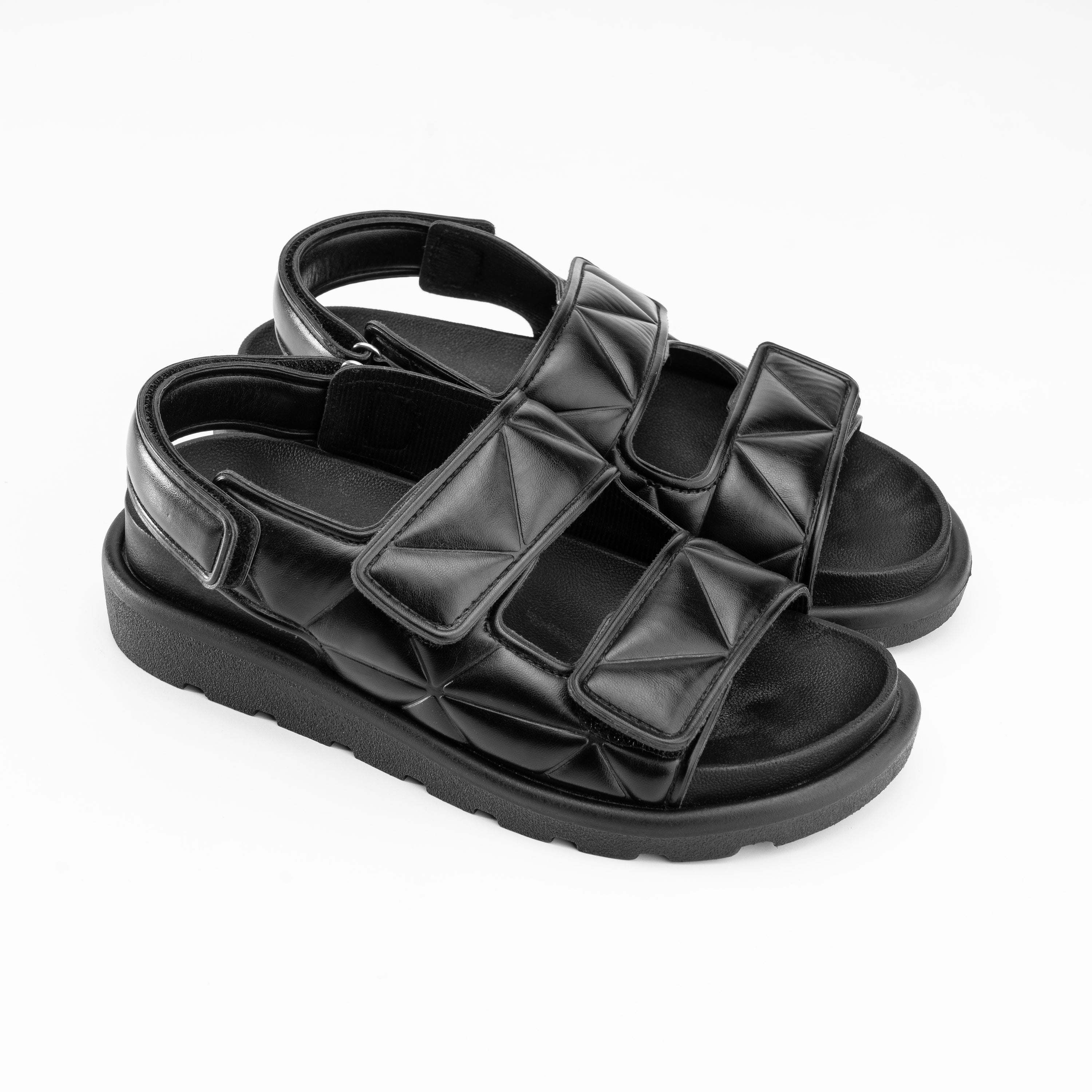 Double Strap Hook & Loop Sandals - Black