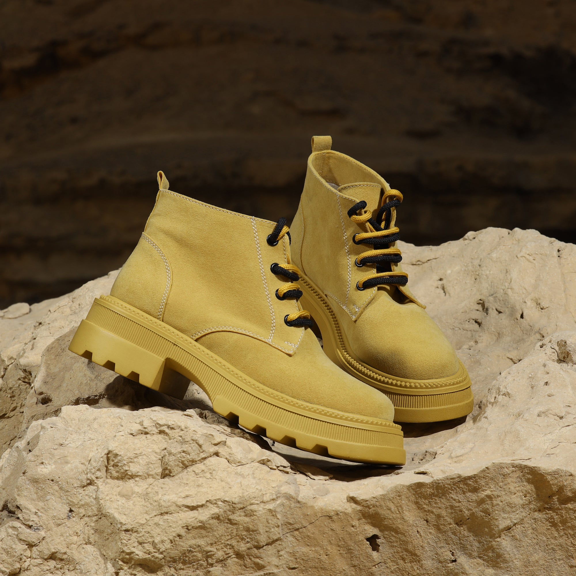 Plain Suede Laceup Boots - Yellow