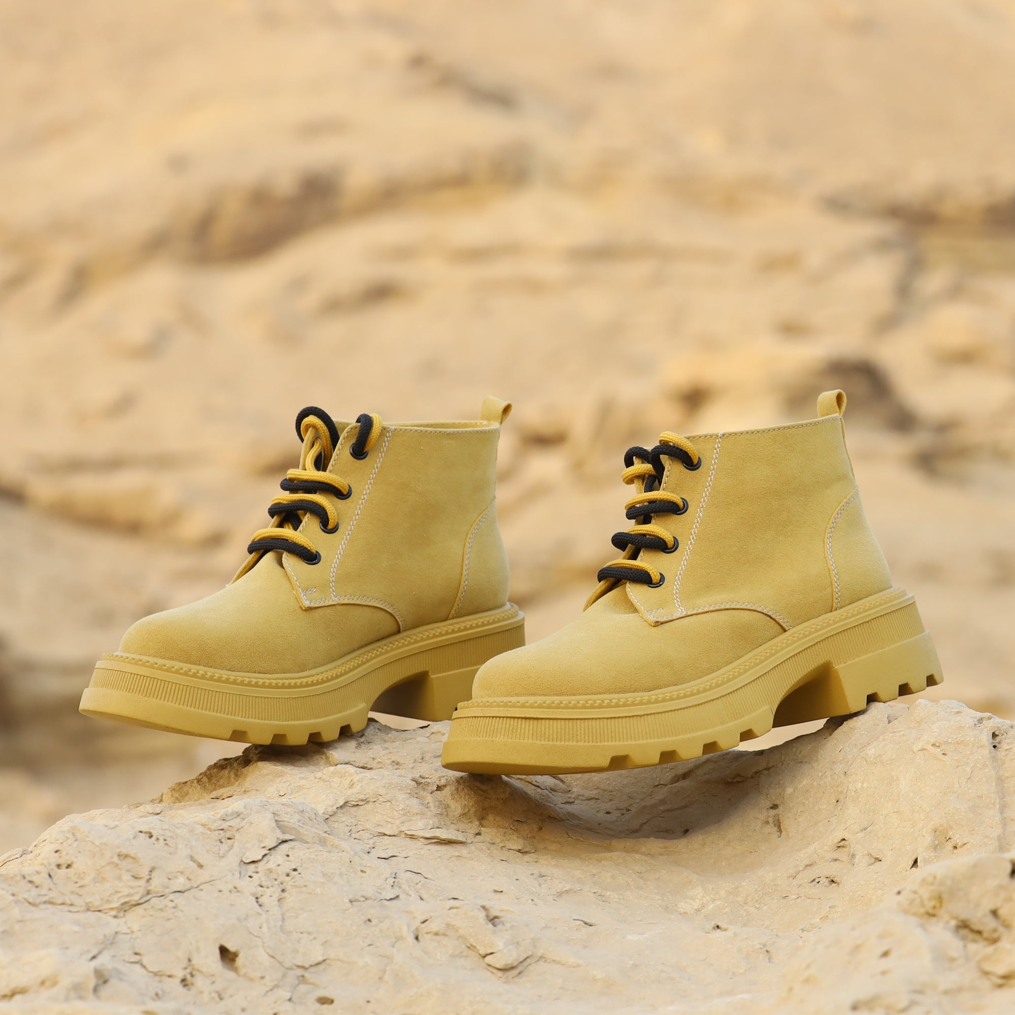 Plain Suede Laceup Boots - Yellow