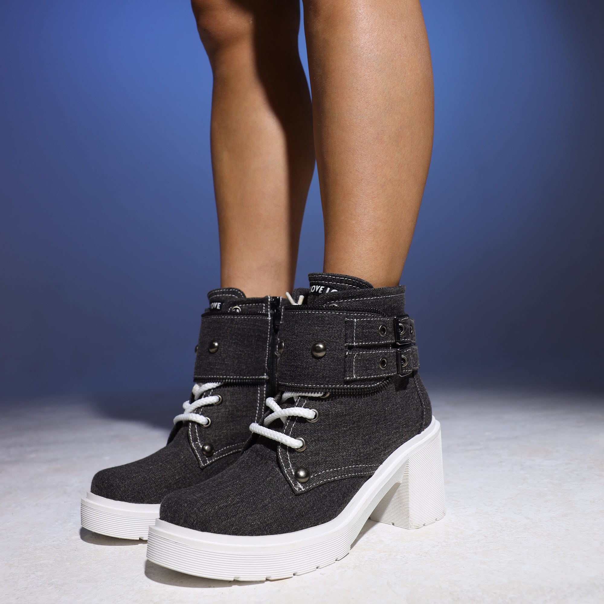 Double Strap Denim Like Half Boots - Black