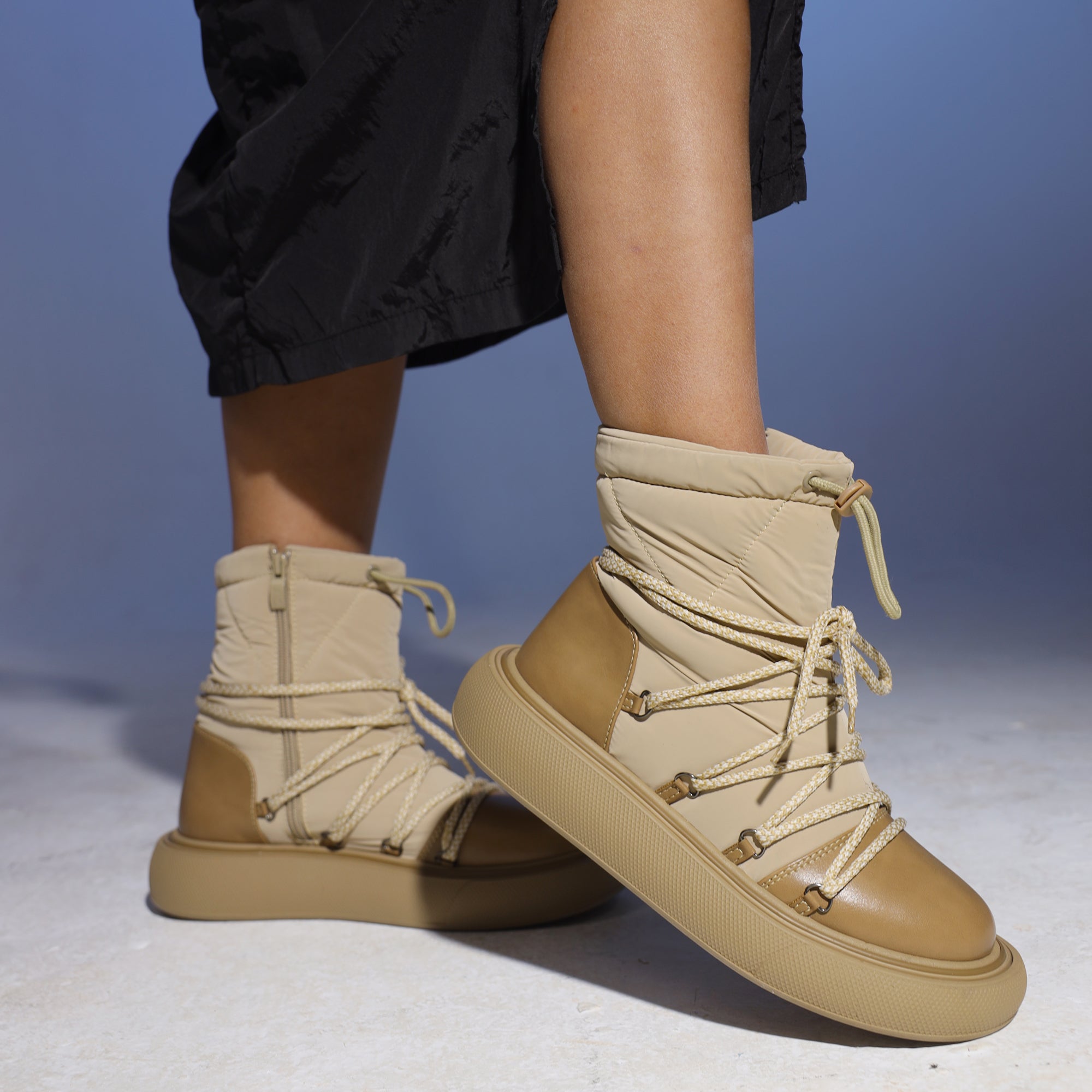 Water Proof Side Zipper Half Boots - Beige