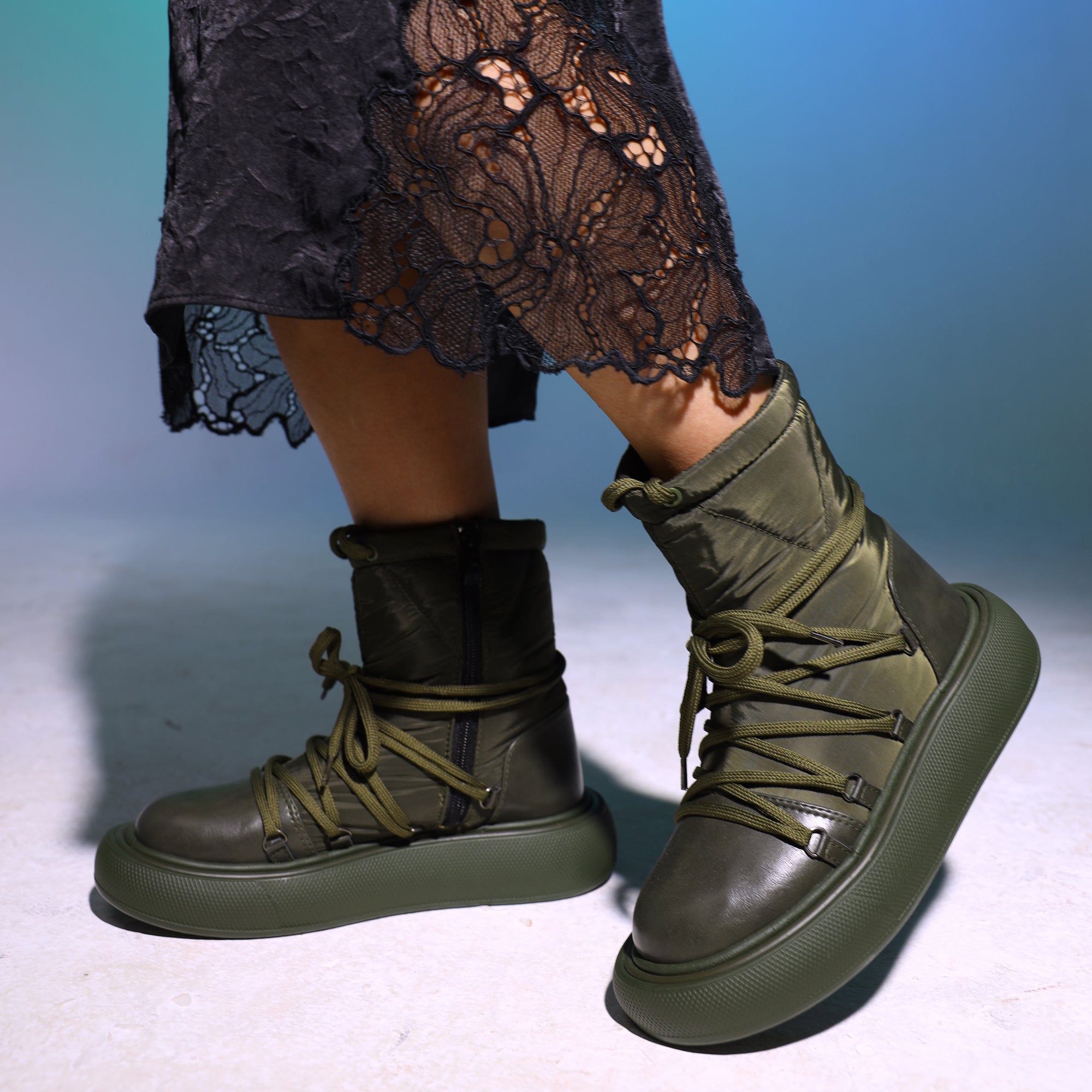 Water Proof Side Zipper Half Boots - Green