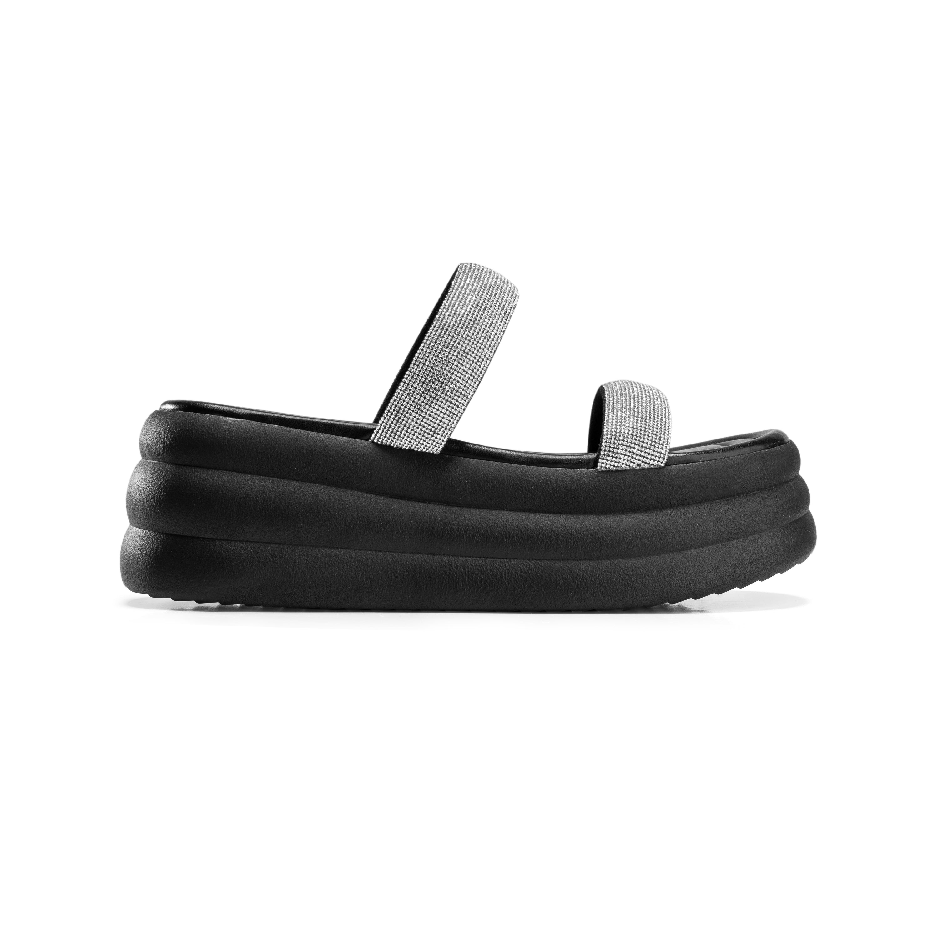 Sparkle Strap Layered Foam Sandals - Black