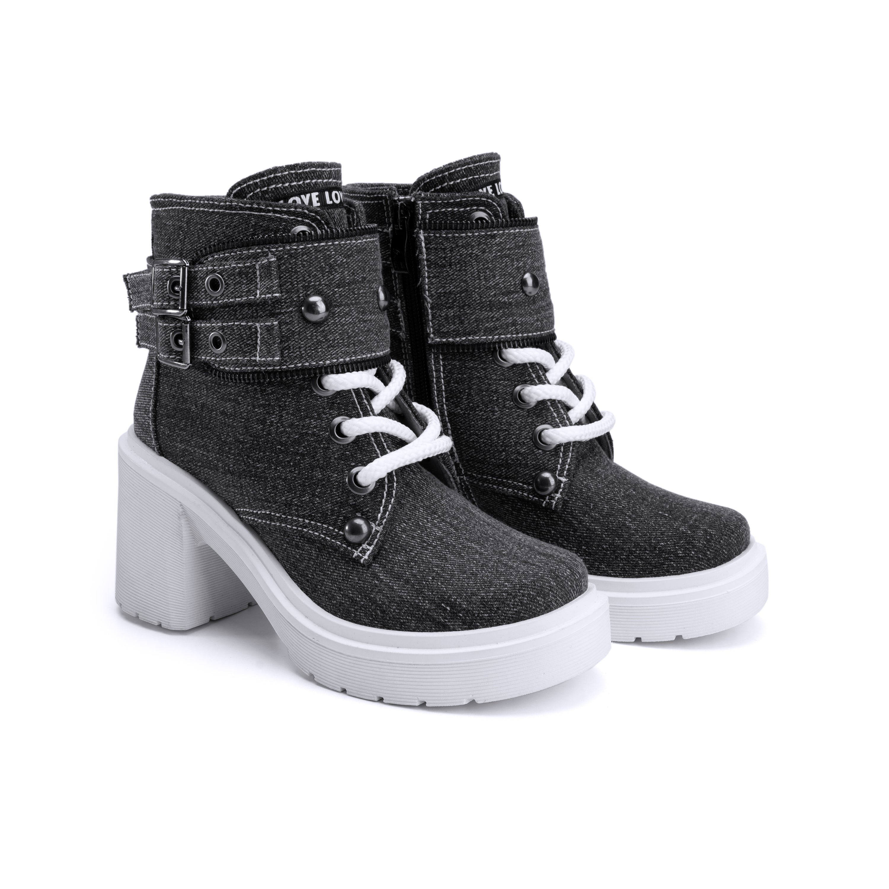 Double Strap Denim Like Half Boots - Black