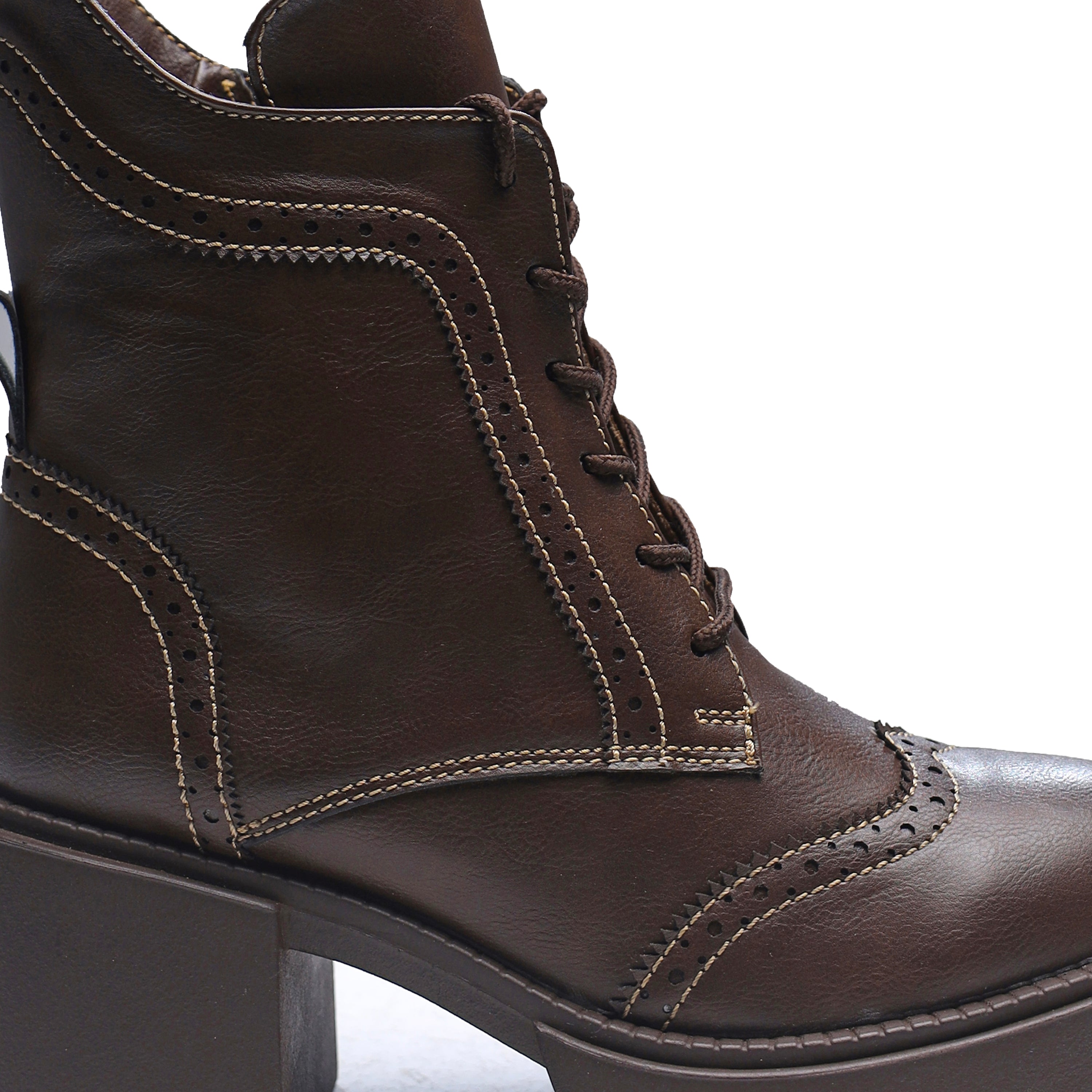 Brogue Style Lace Up Heel Boots - Brown