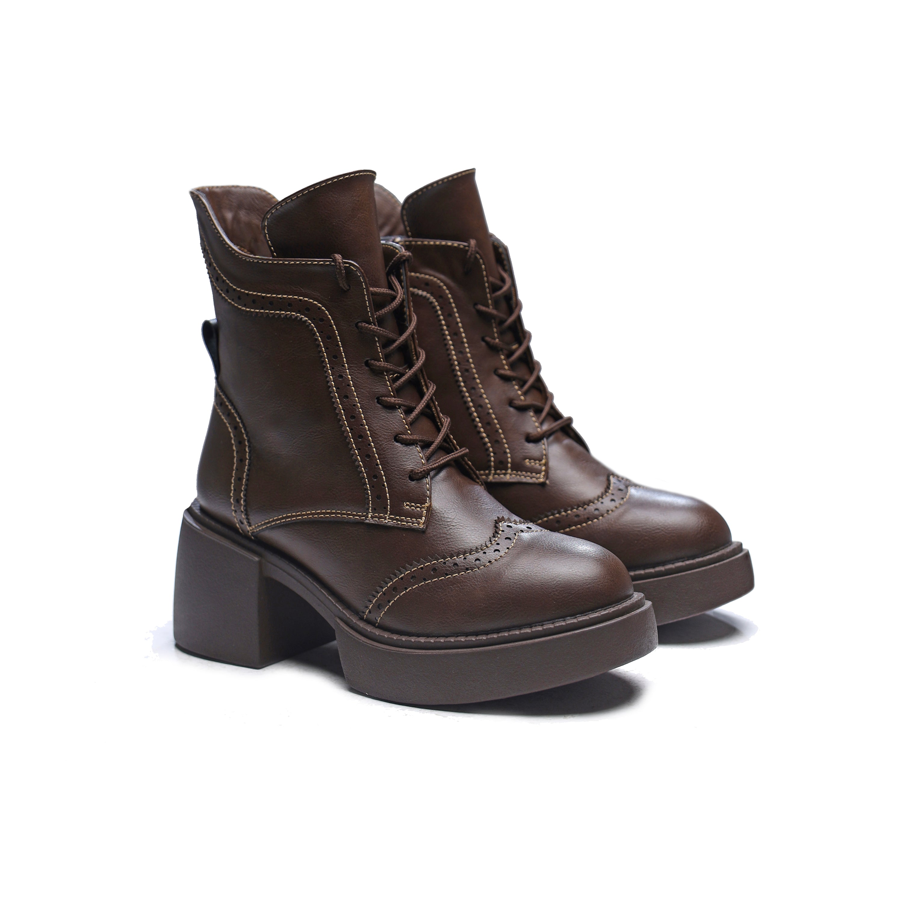 Brogue Style Lace Up Heel Boots - Brown