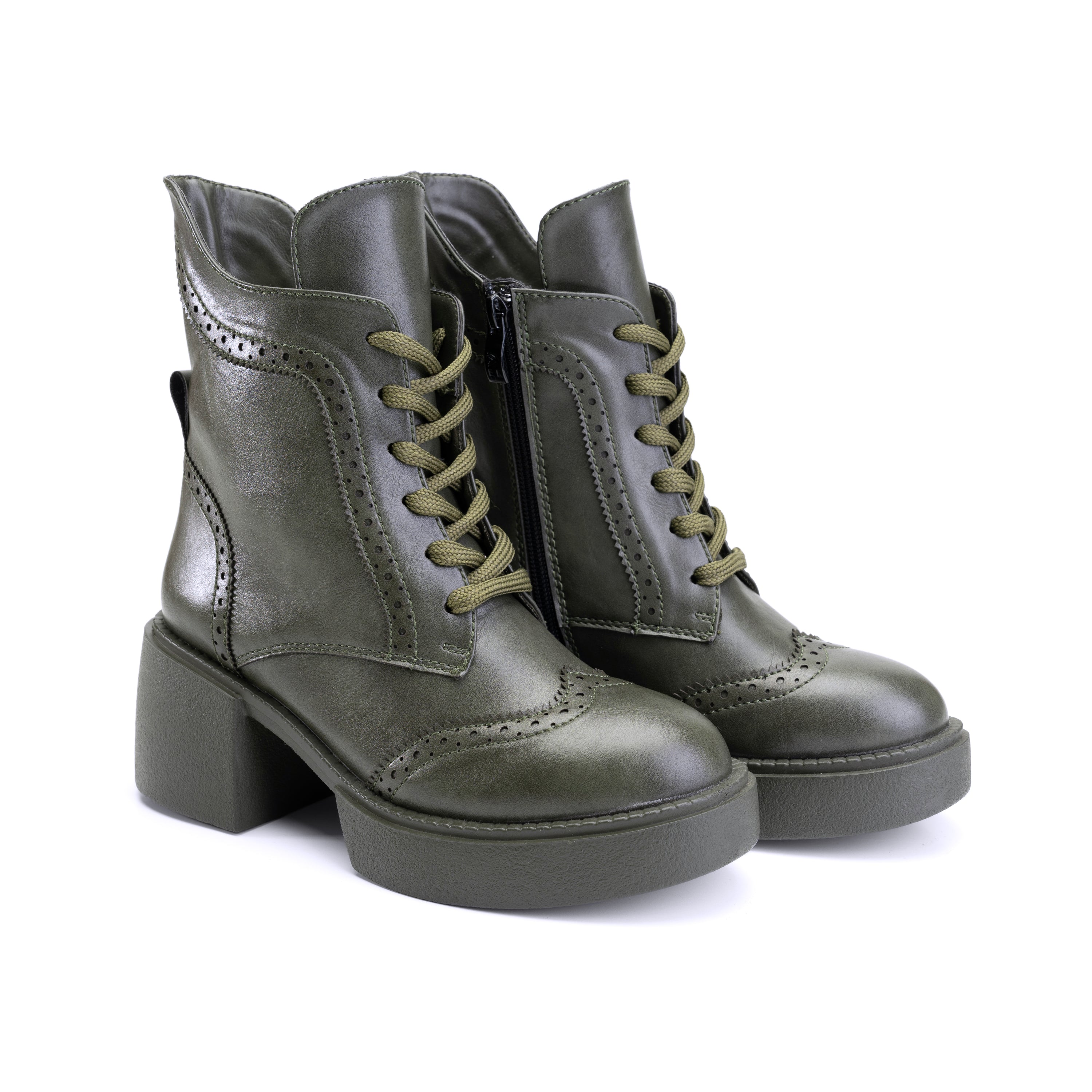 Brogue Style Lace Up Heel Boots - Green