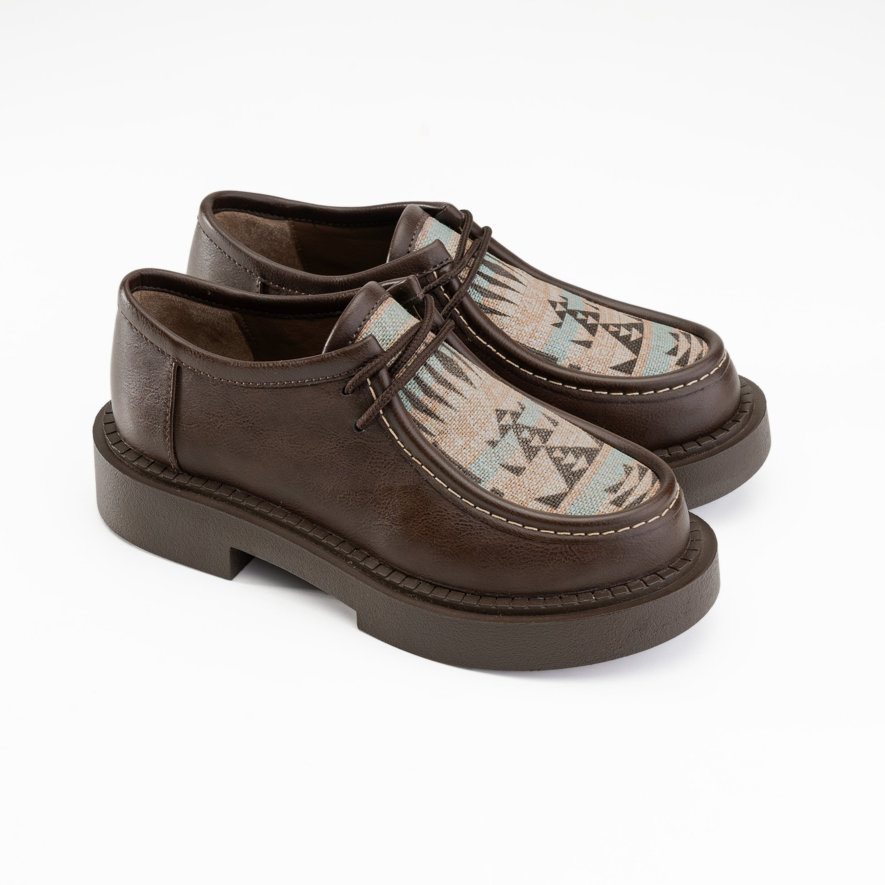 Patterned Lace-Up Platform Loafers - Brown