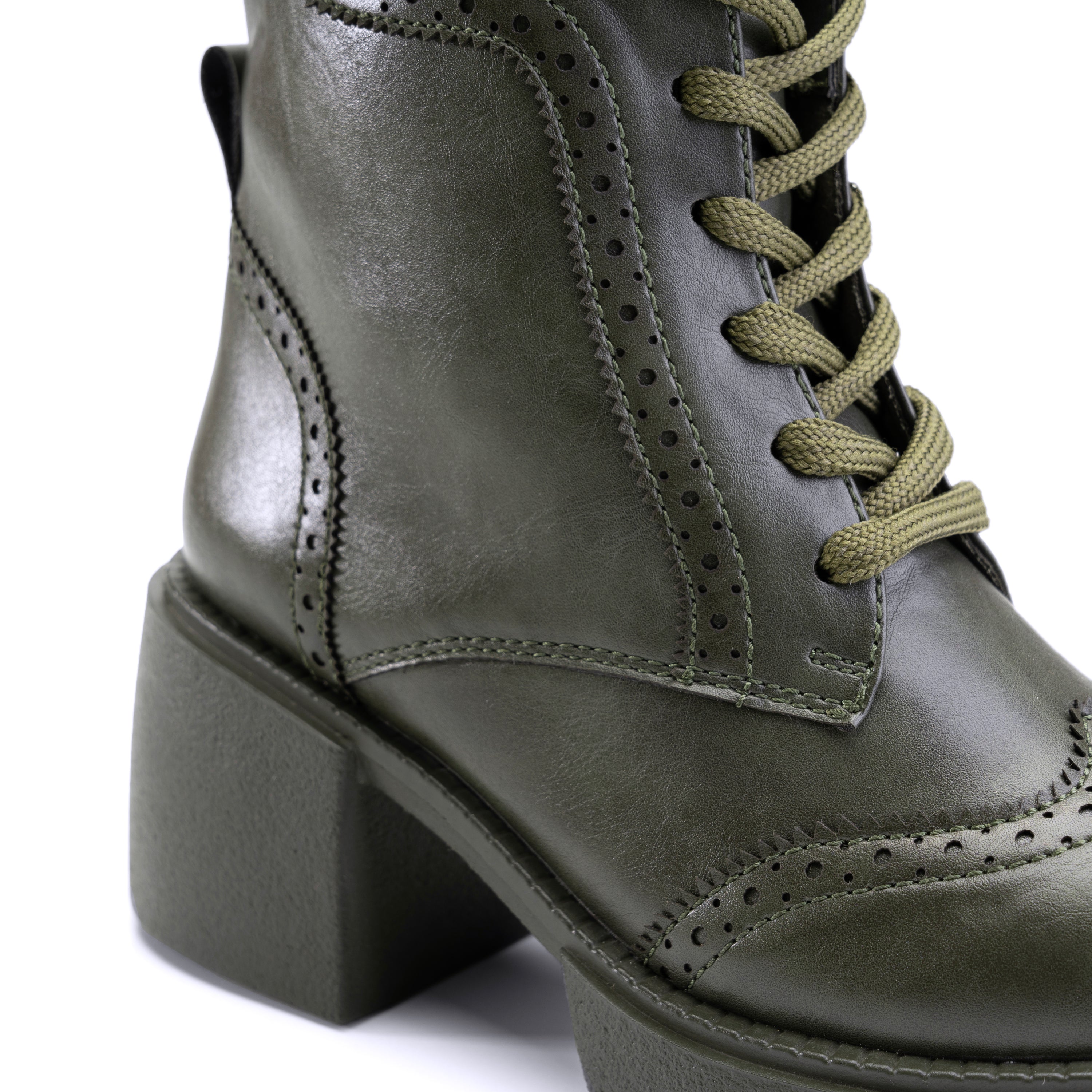 Brogue Style Lace Up Heel Boots - Green