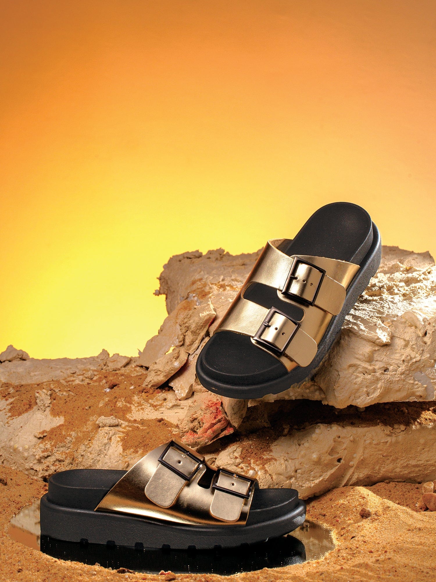 Double Buckle Comfy Slides - Gold