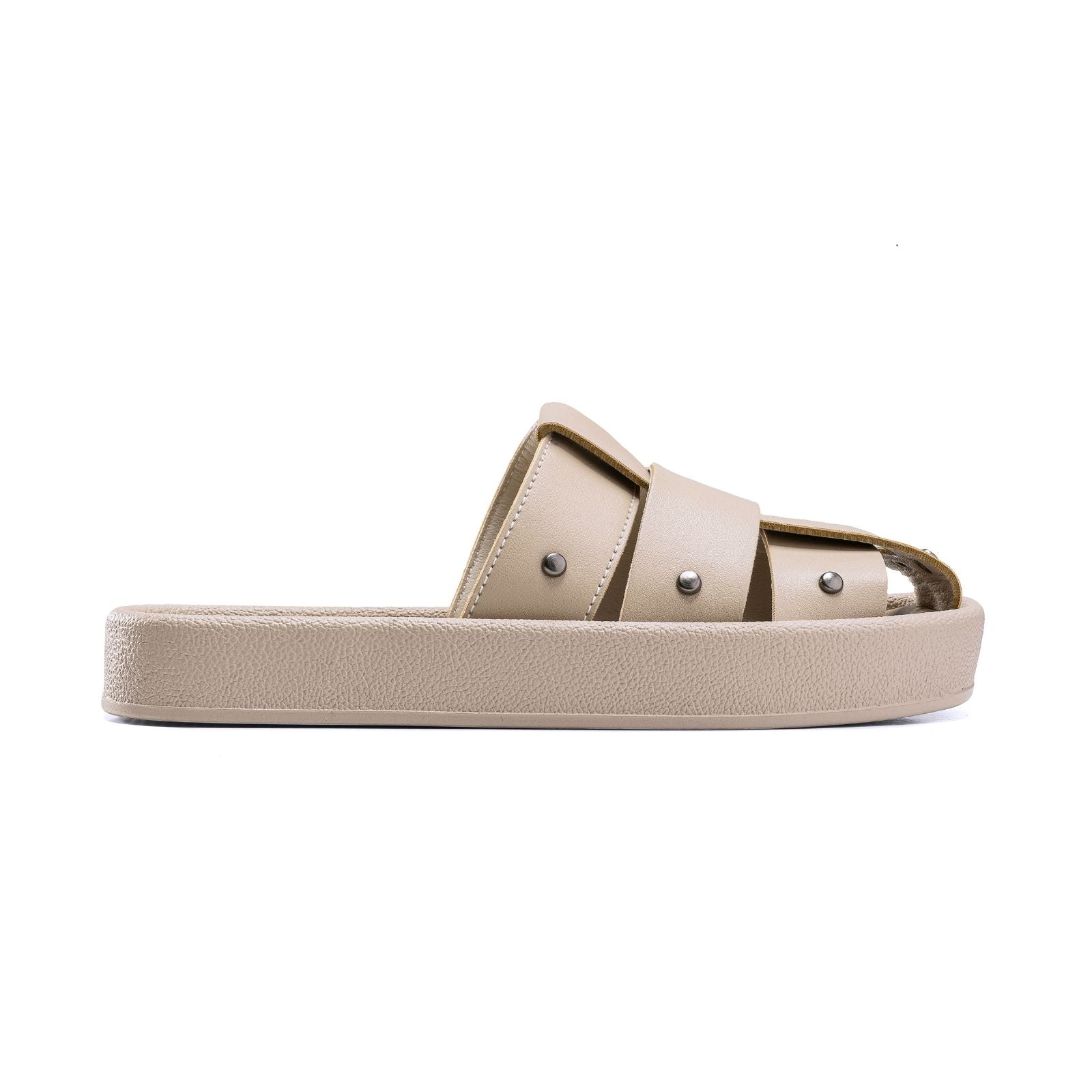 Leather Cross-Strap Platform Slides - Beige