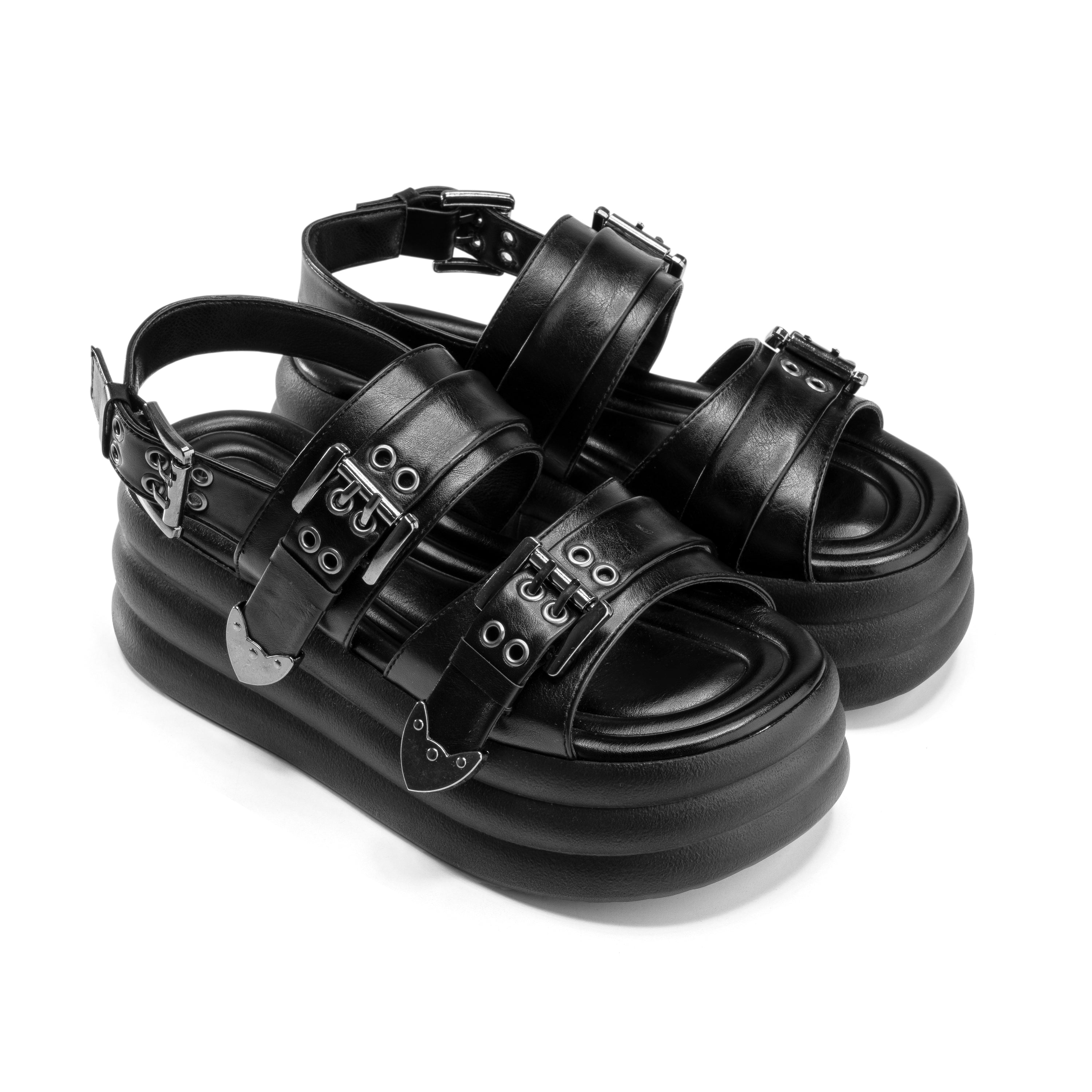 Strap Buckle Platform Sandals - Black