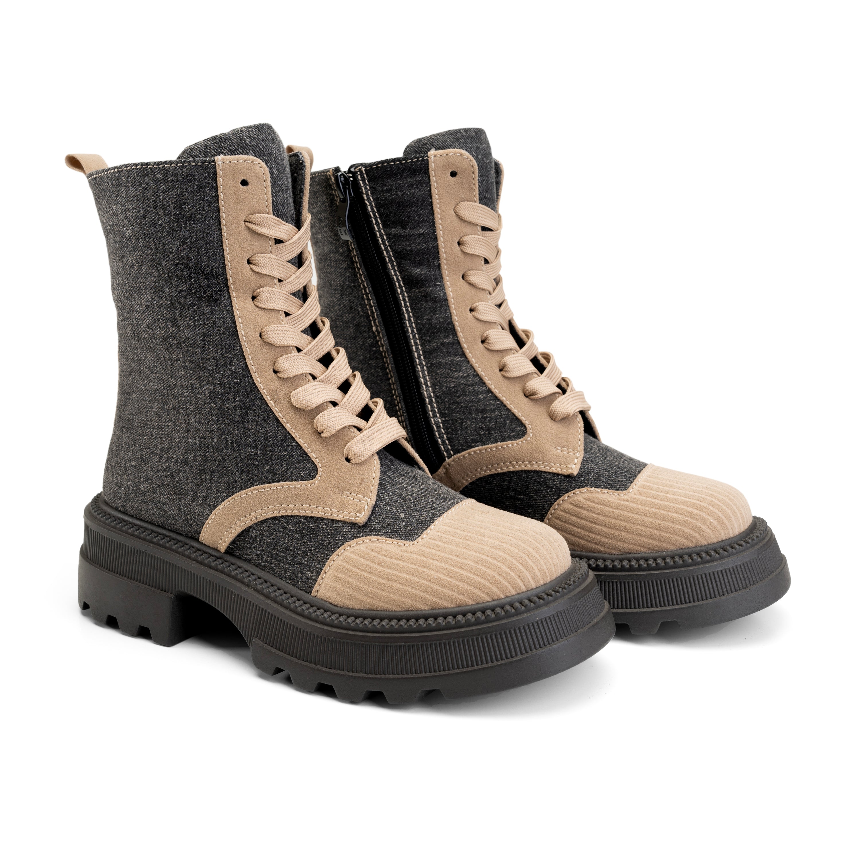 Denim Base Duo Color Lace Up Boots - Beige X Black