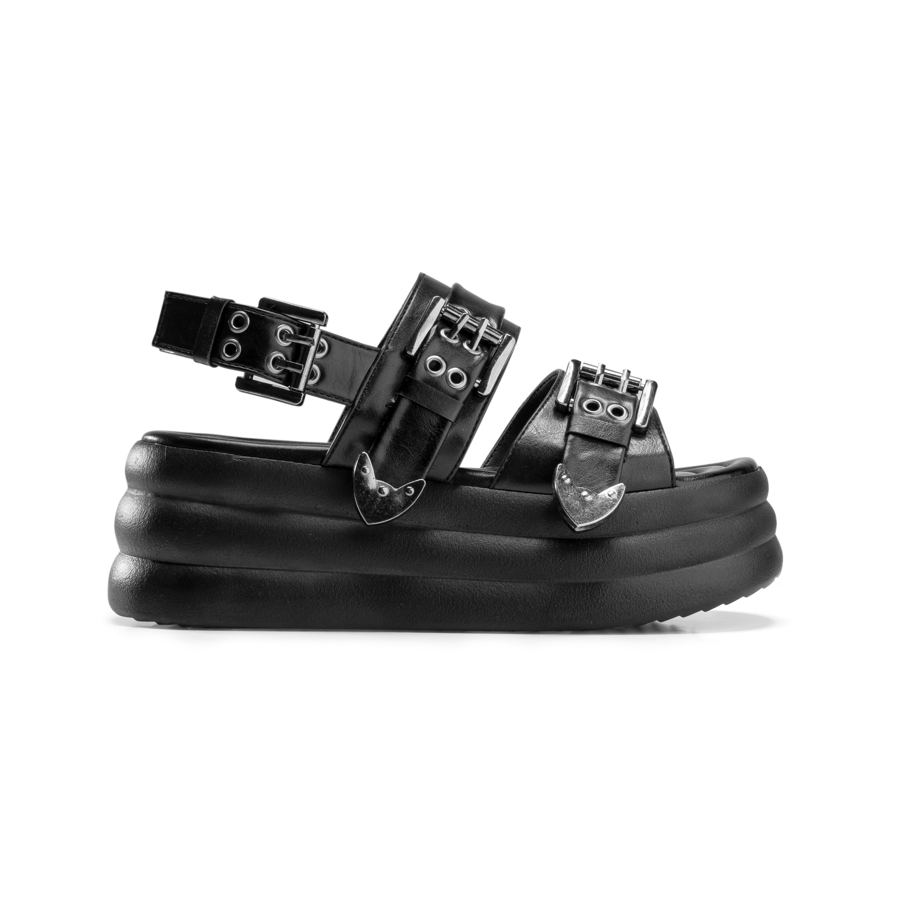 Strap Buckle Platform Sandals - Black