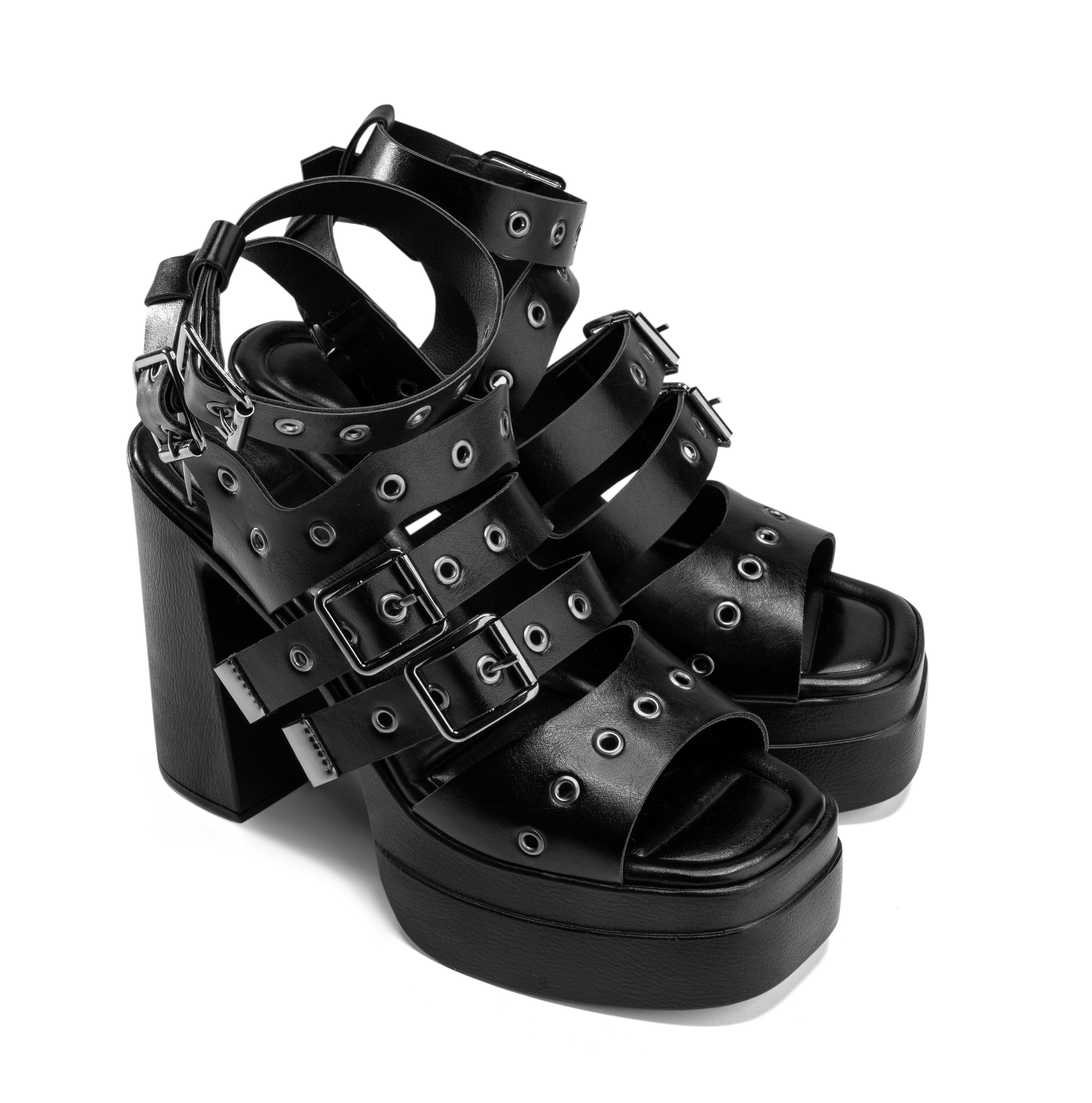 Strappy Grommet Heels - Black