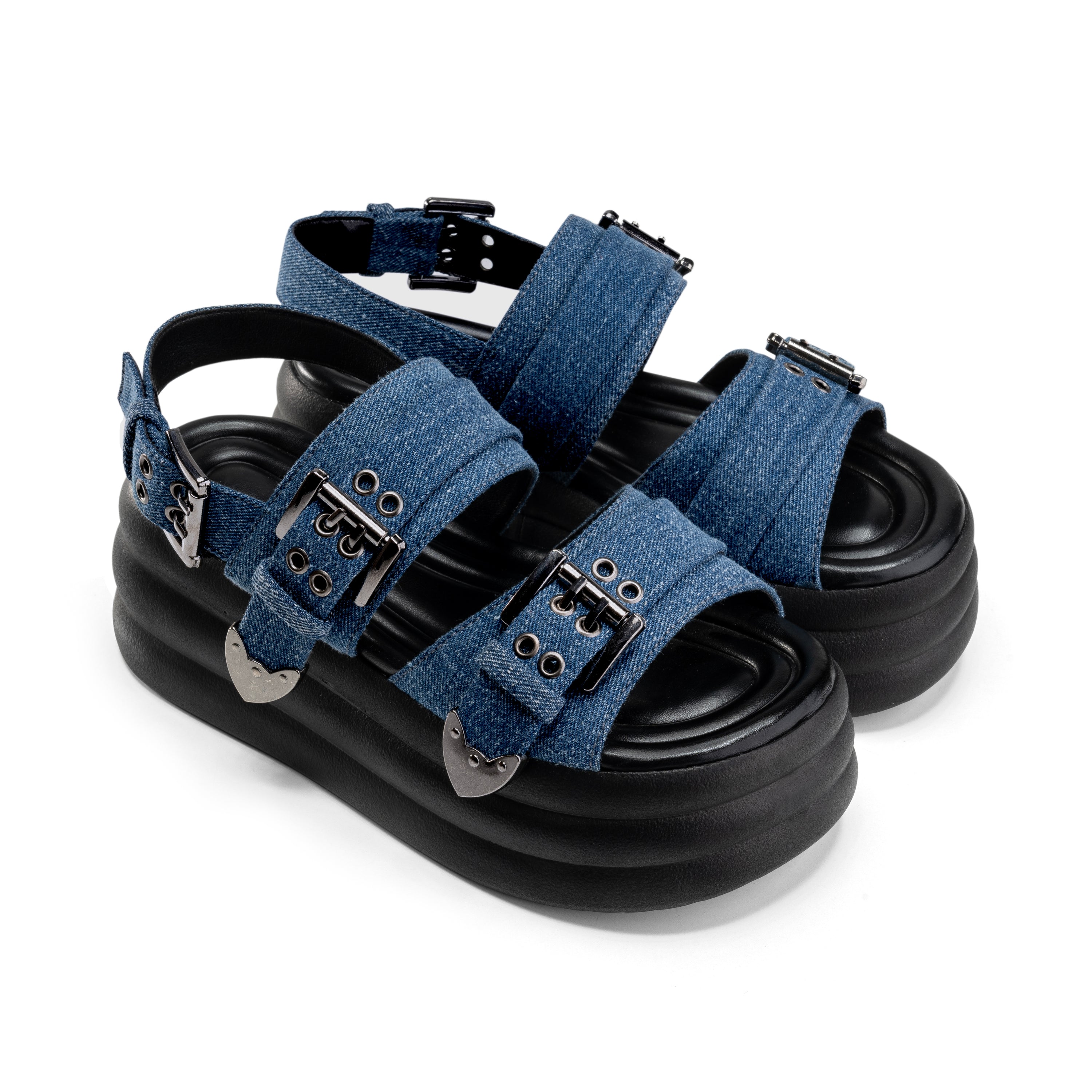 Strap Buckle Platform Sandals - Jeans