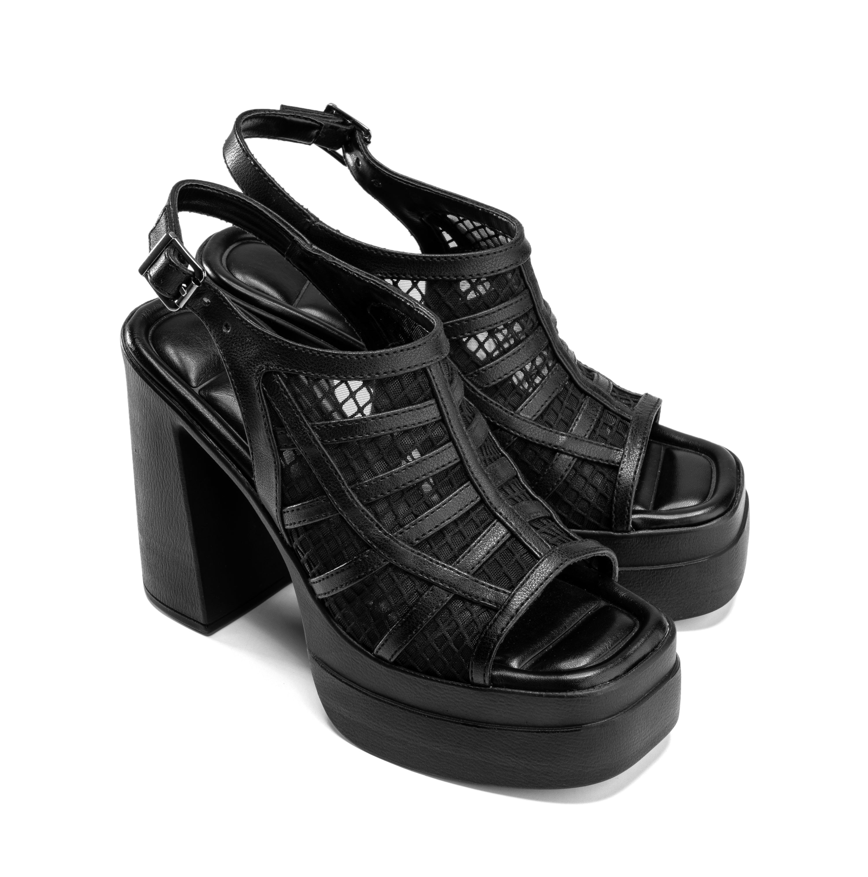 Mesh Strappy Block Heels - Black