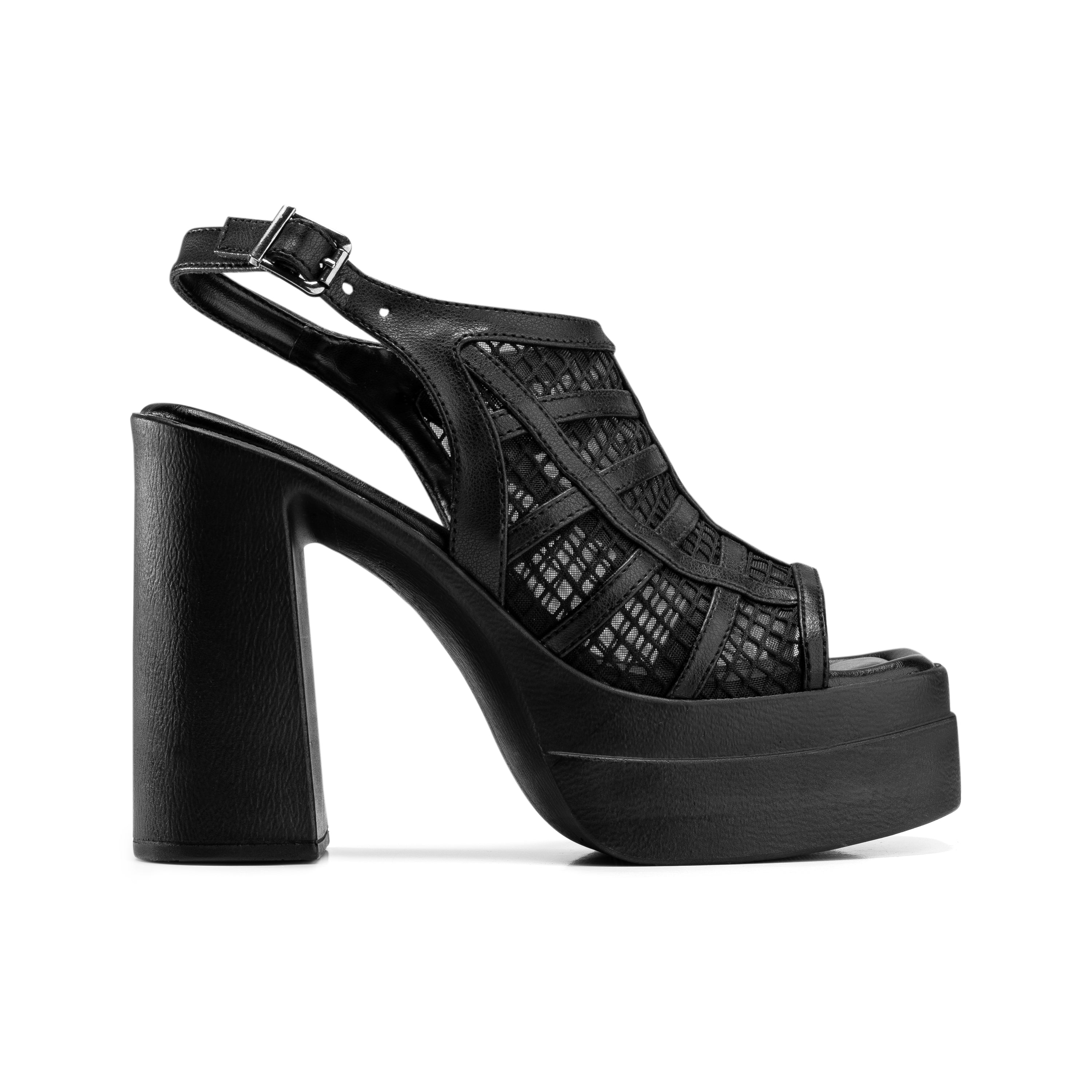 Mesh Strappy Block Heels - Black