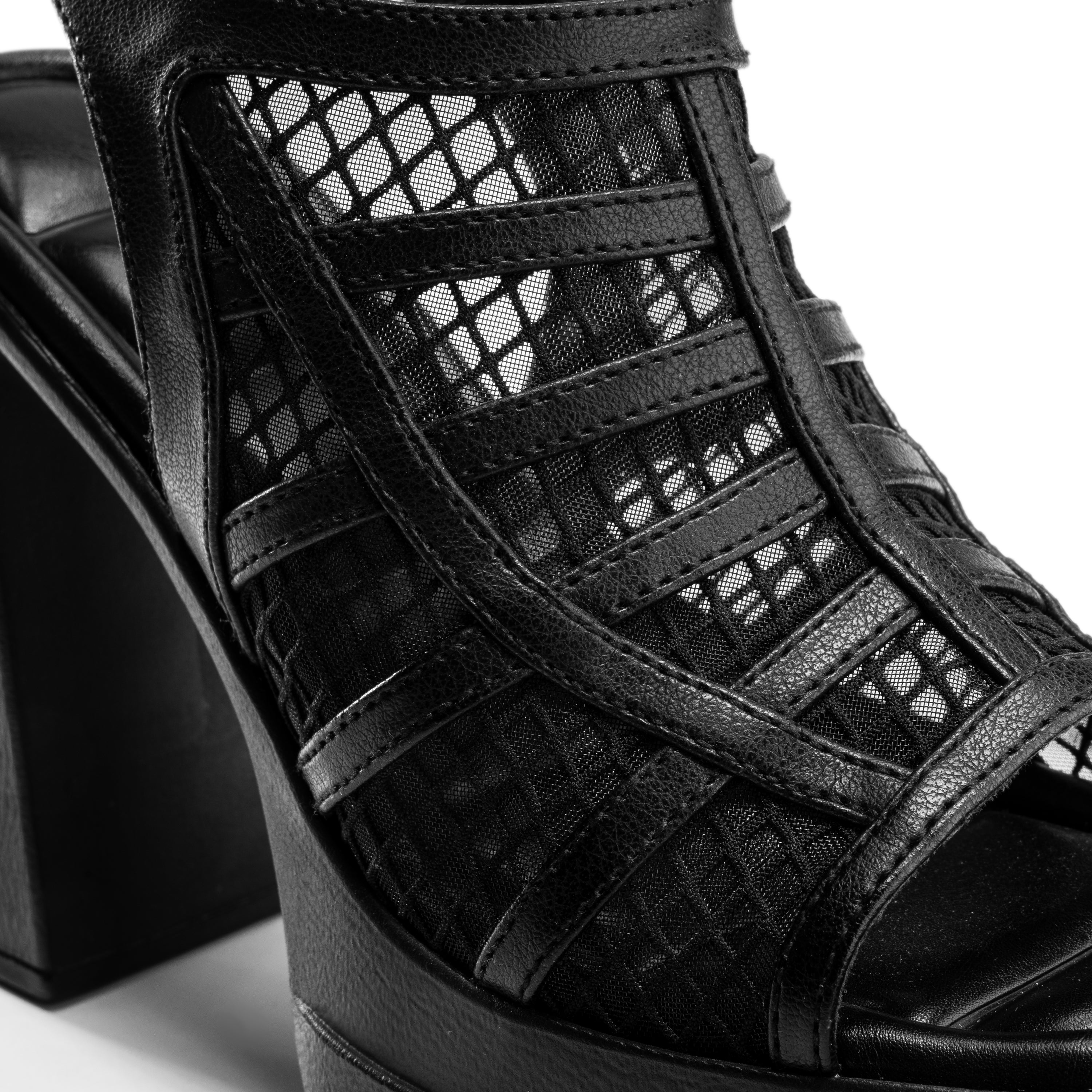 Mesh Strappy Block Heels - Black