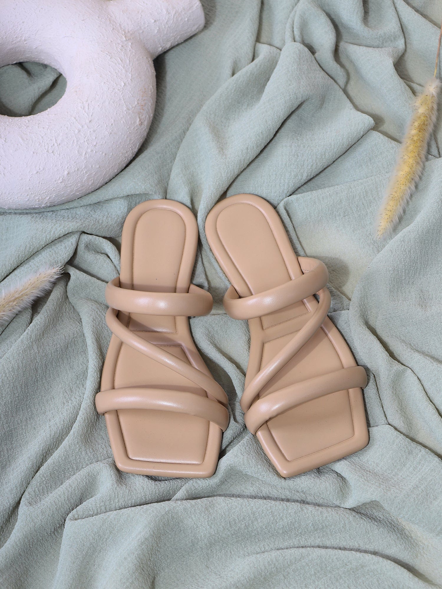 Double Strap Flat Slippers - Beige