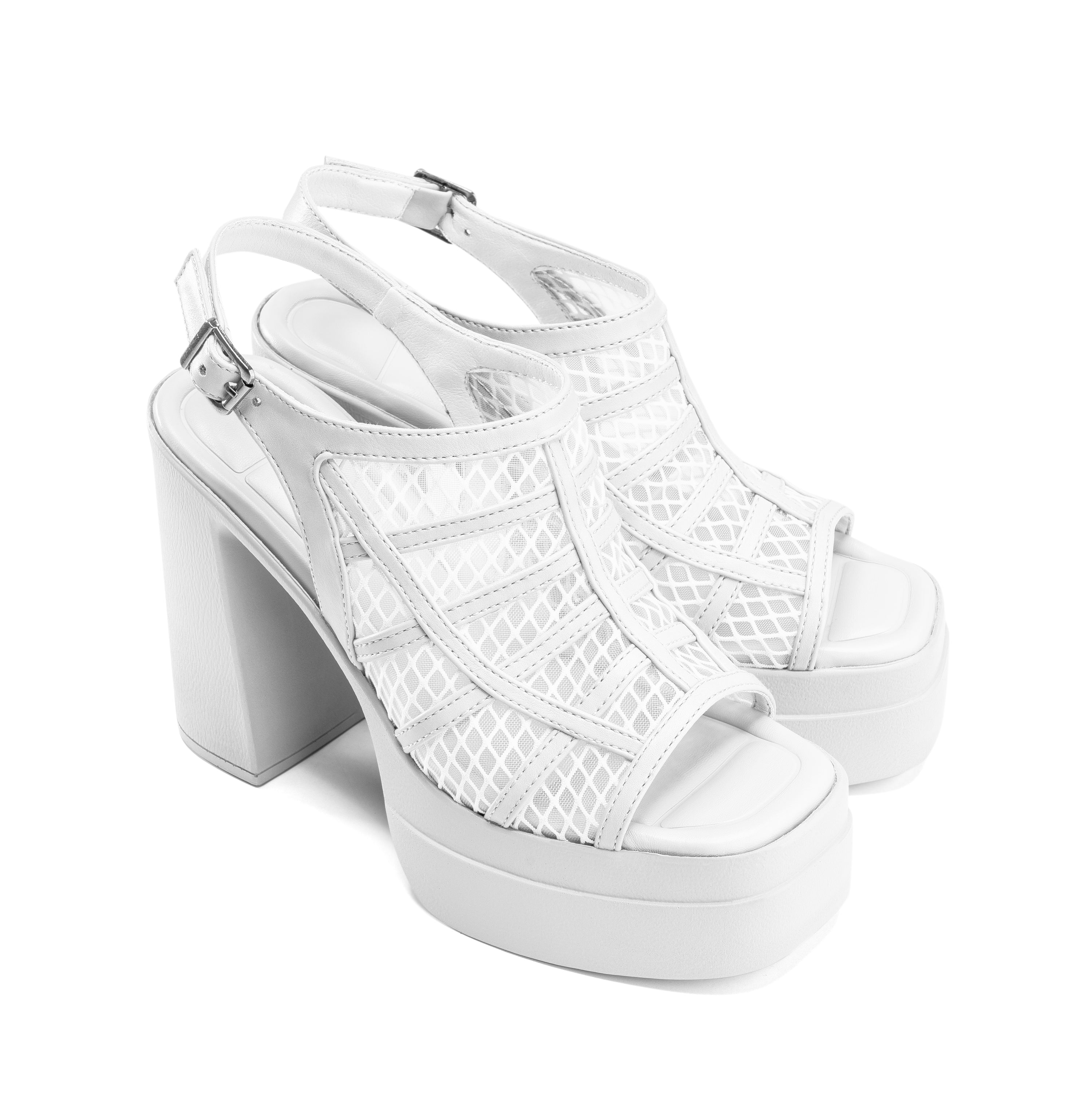 Mesh Strappy Block Heels - White