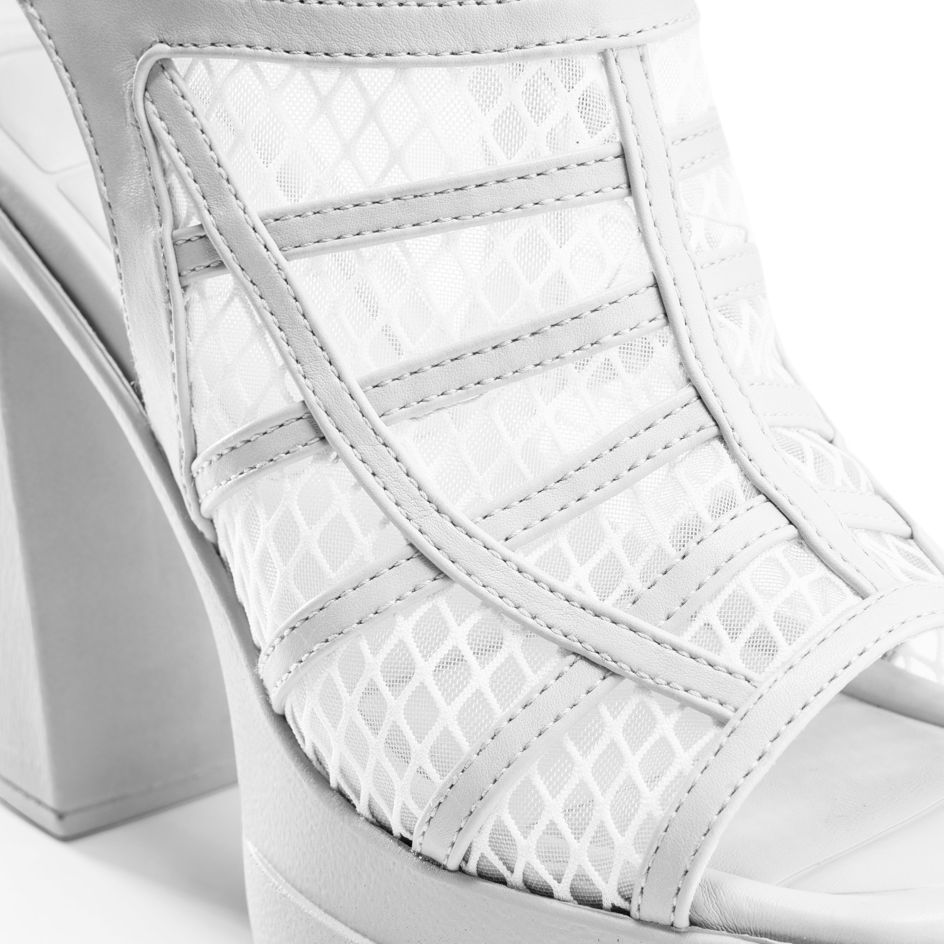 Mesh Strappy Block Heels - White