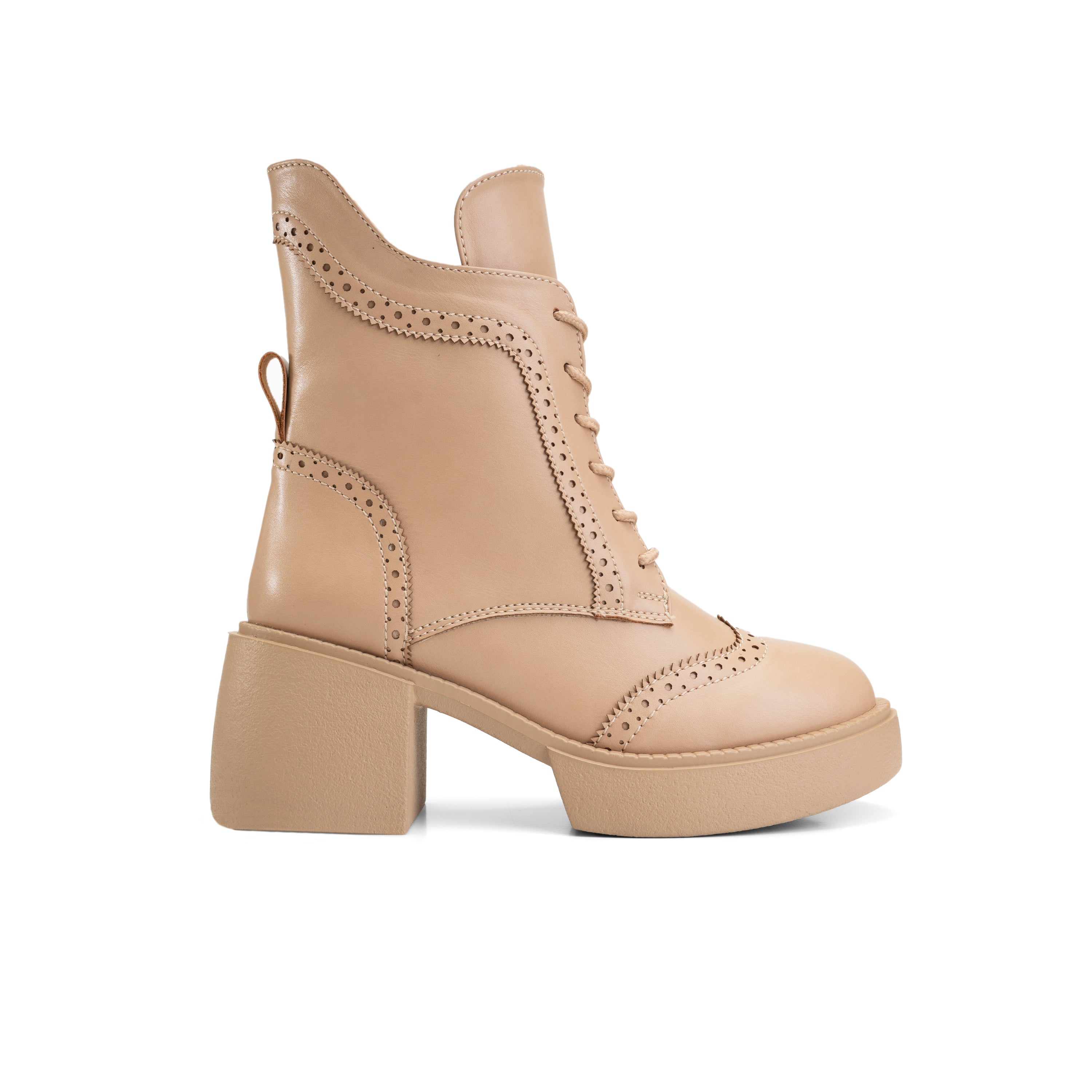 Brogue Style Lace Up Heel Boots - Beige