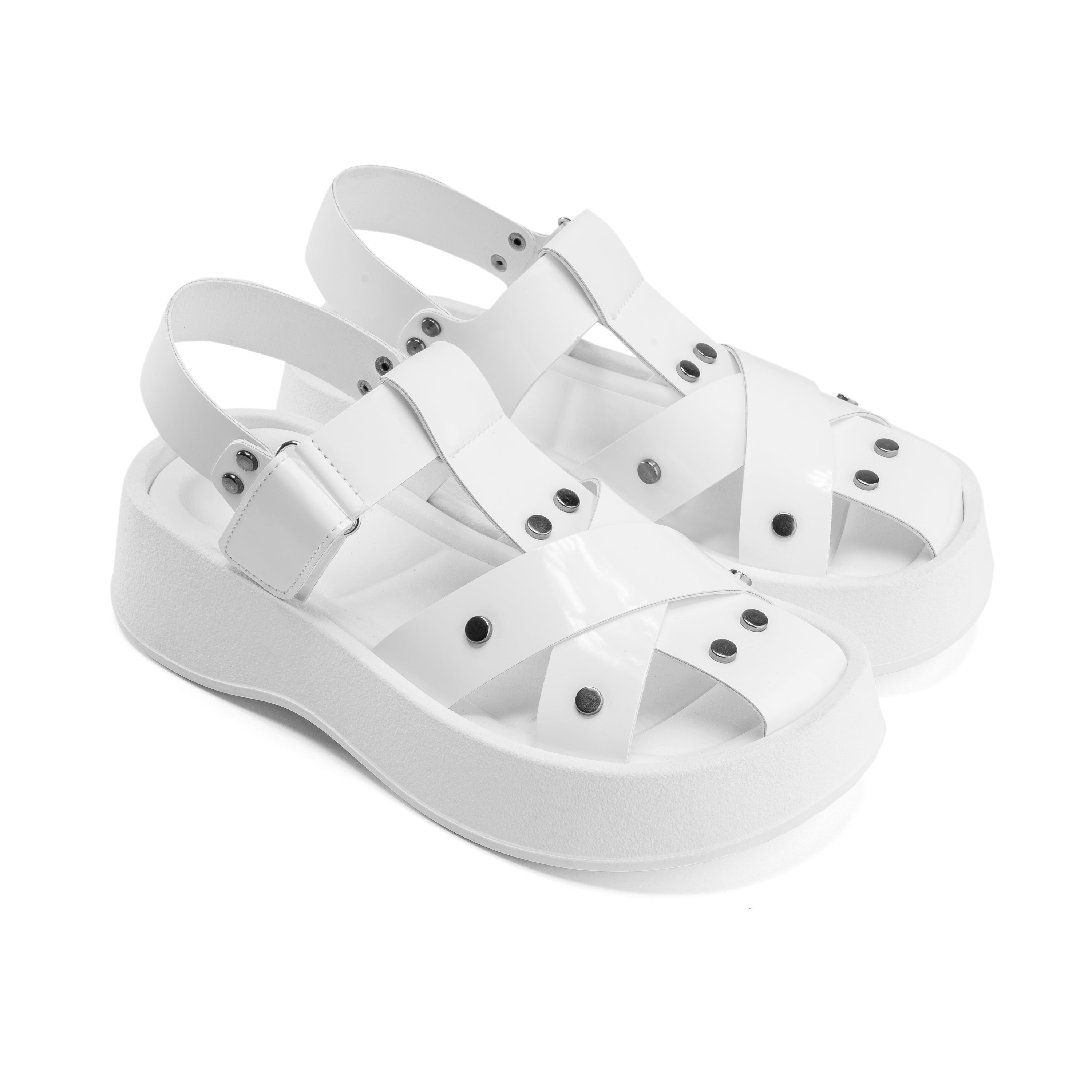 Rivet Crisscross Platform Sandals - White