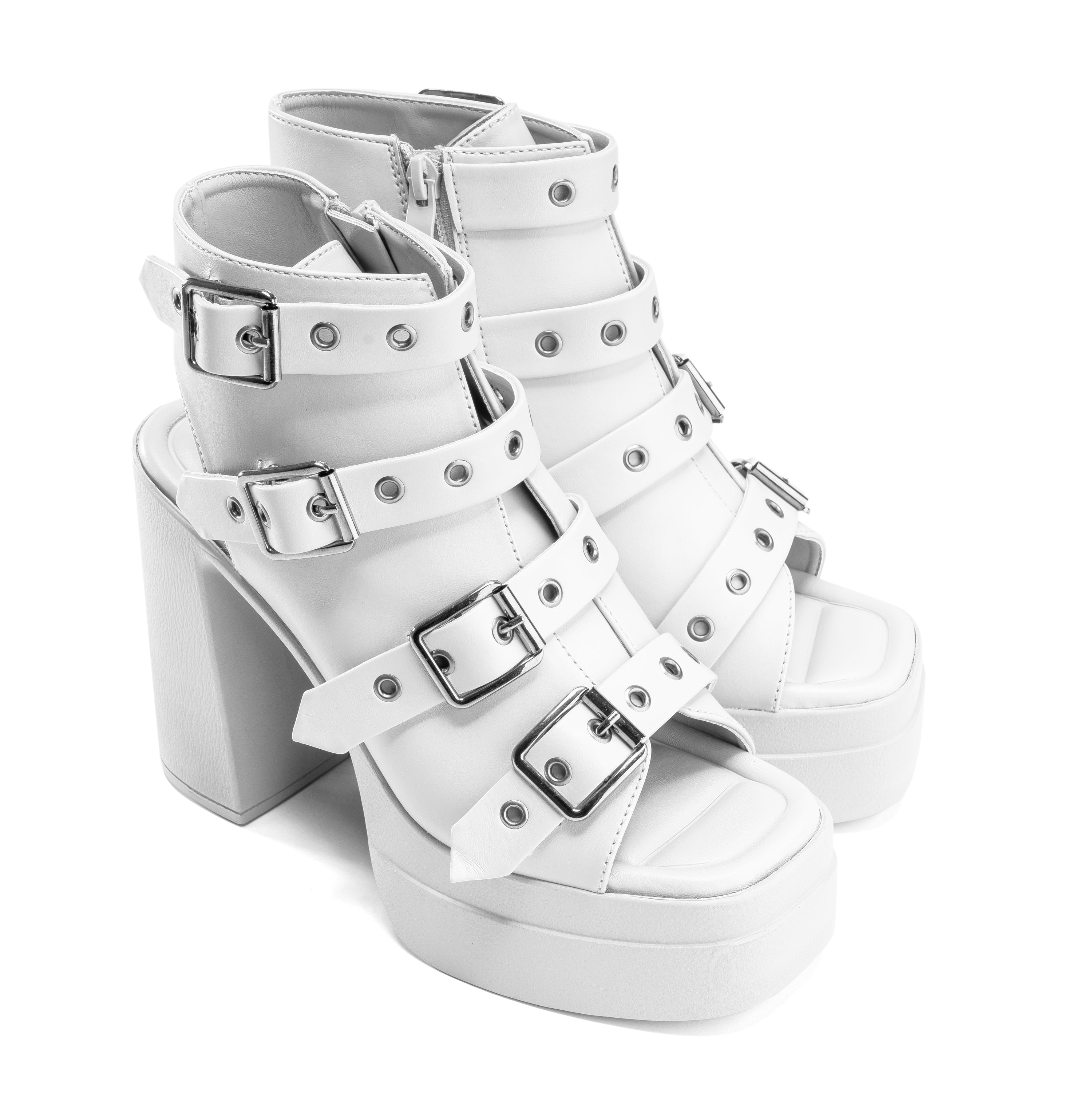 Multi-Buckle Platform Heels - White