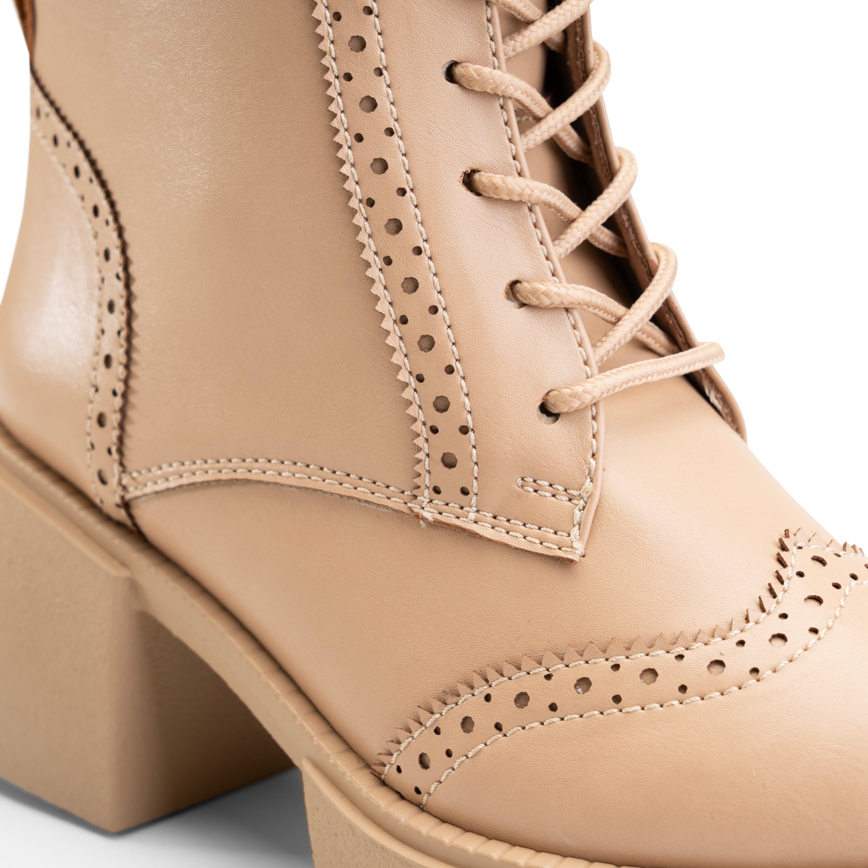 Brogue Style Lace Up Heel Boots - Beige