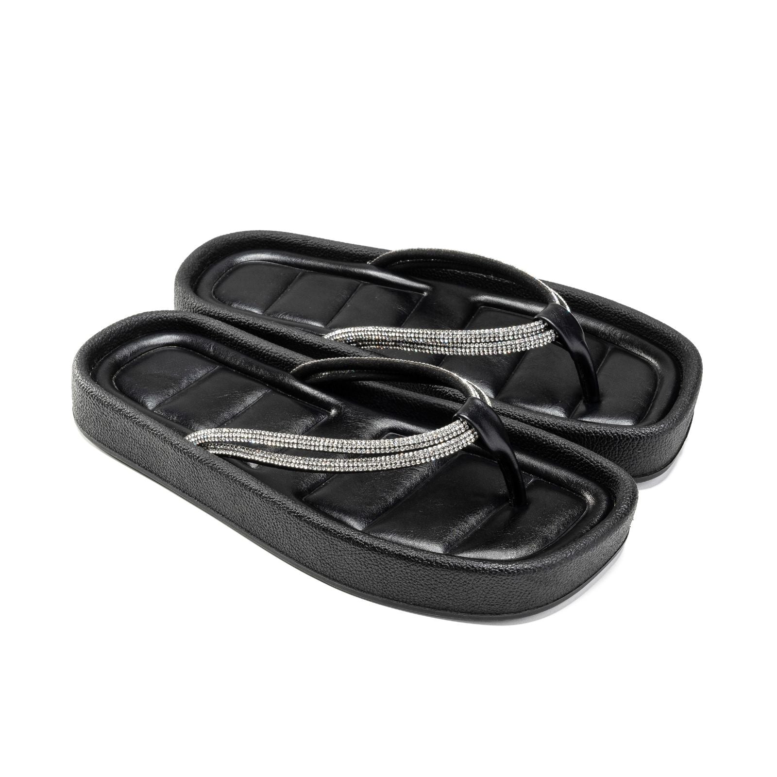 Platform Flip-Flops with Rhinestone Straps - Black