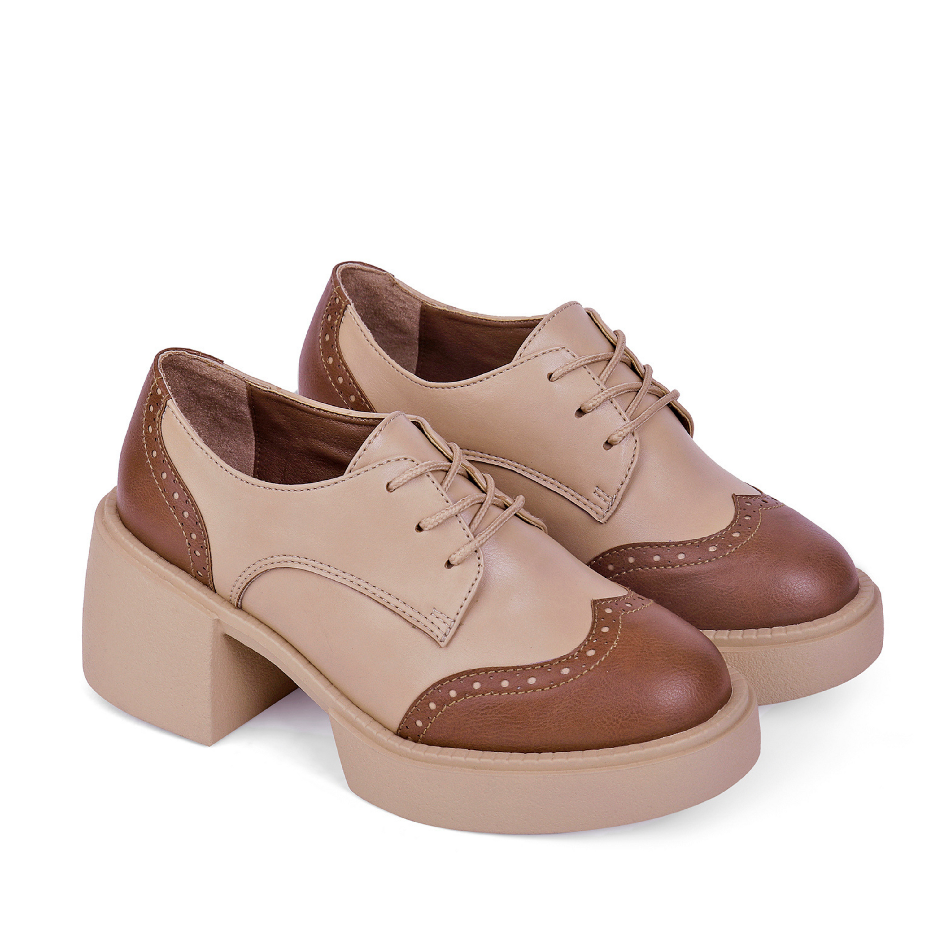 Brouge Two-Tone Derby Shoes with Platform Sole - Brownish