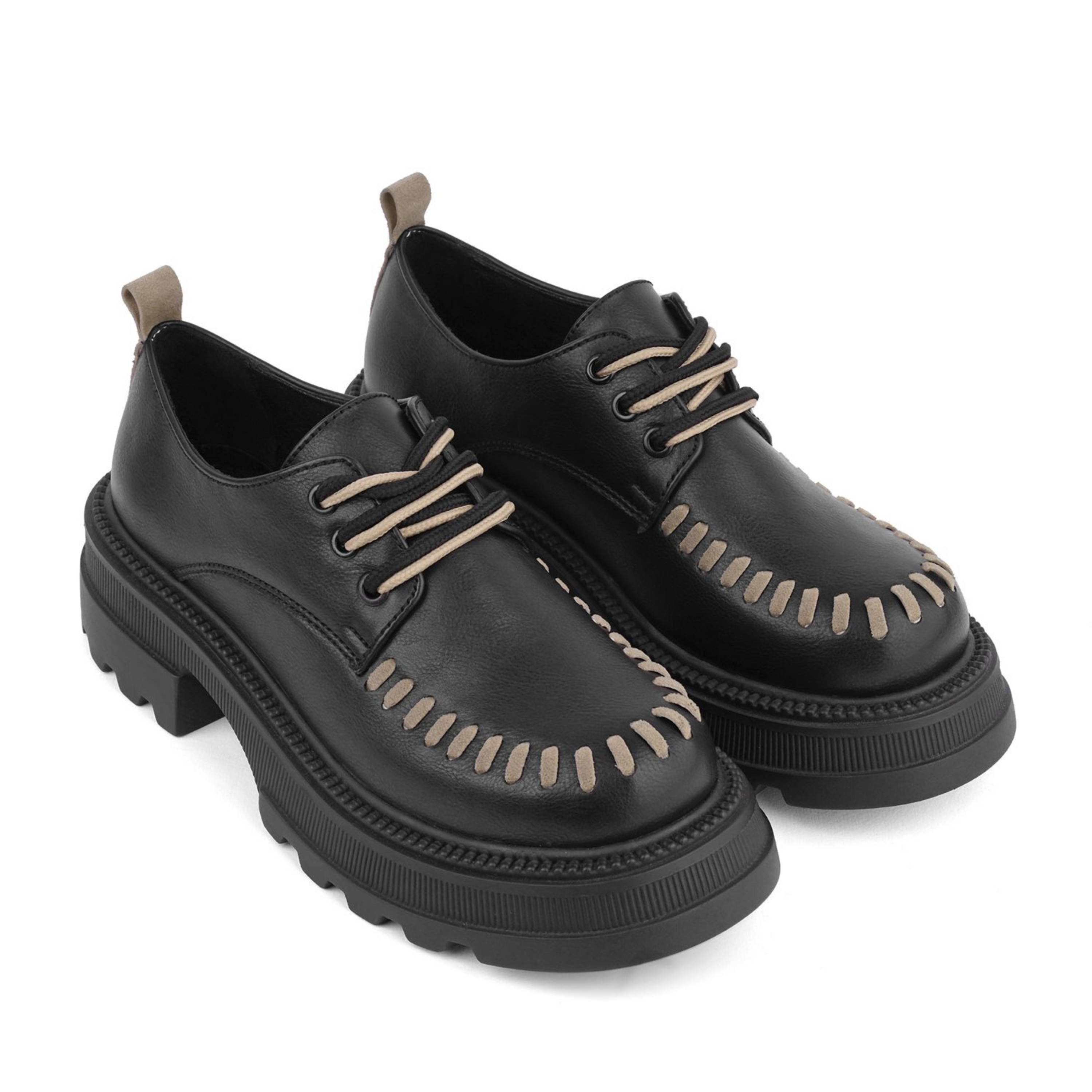 Stitched Chunky Lace-Up Derby Loafers - Black