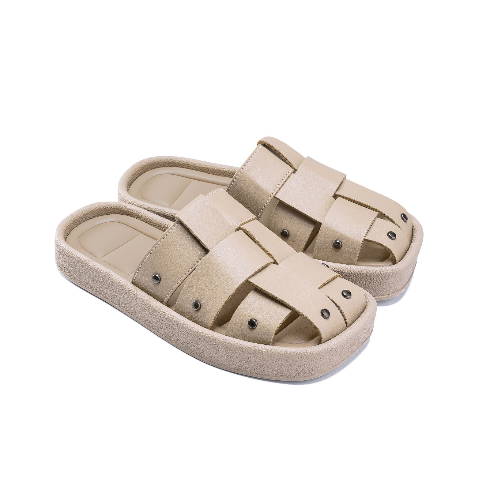 Leather Cross-Strap Platform Slides - Beige