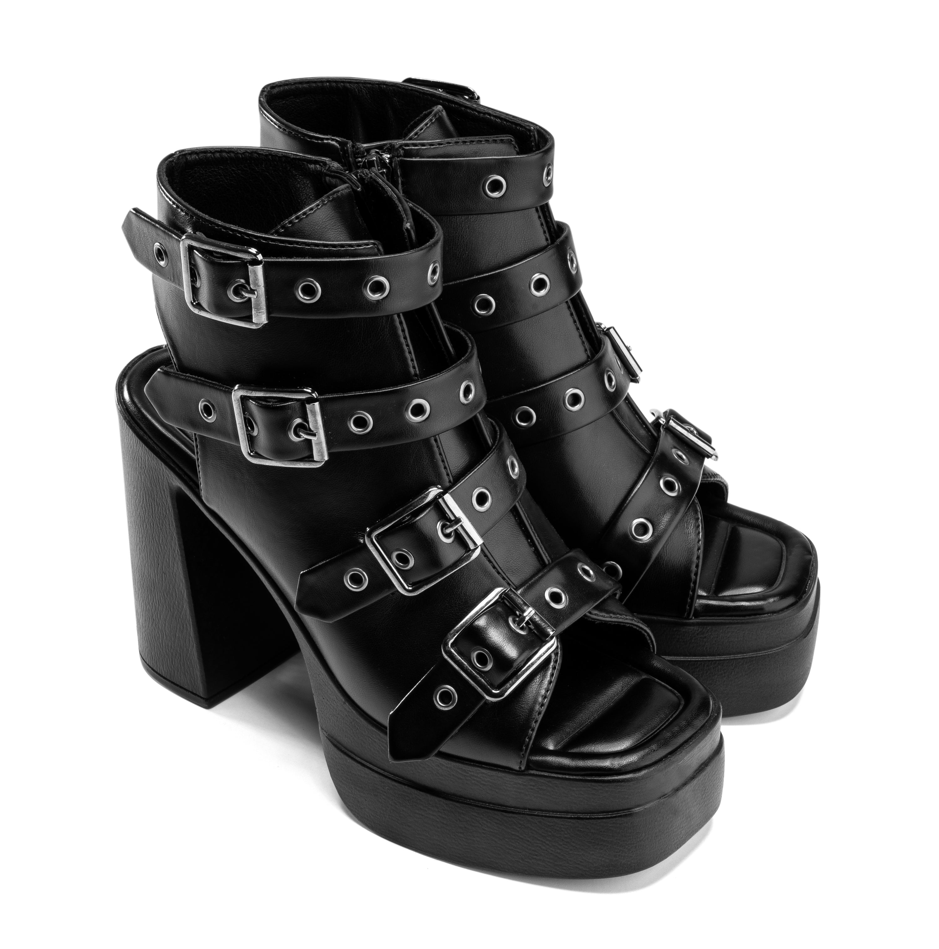 Multi-Buckle Platform Heels - Black