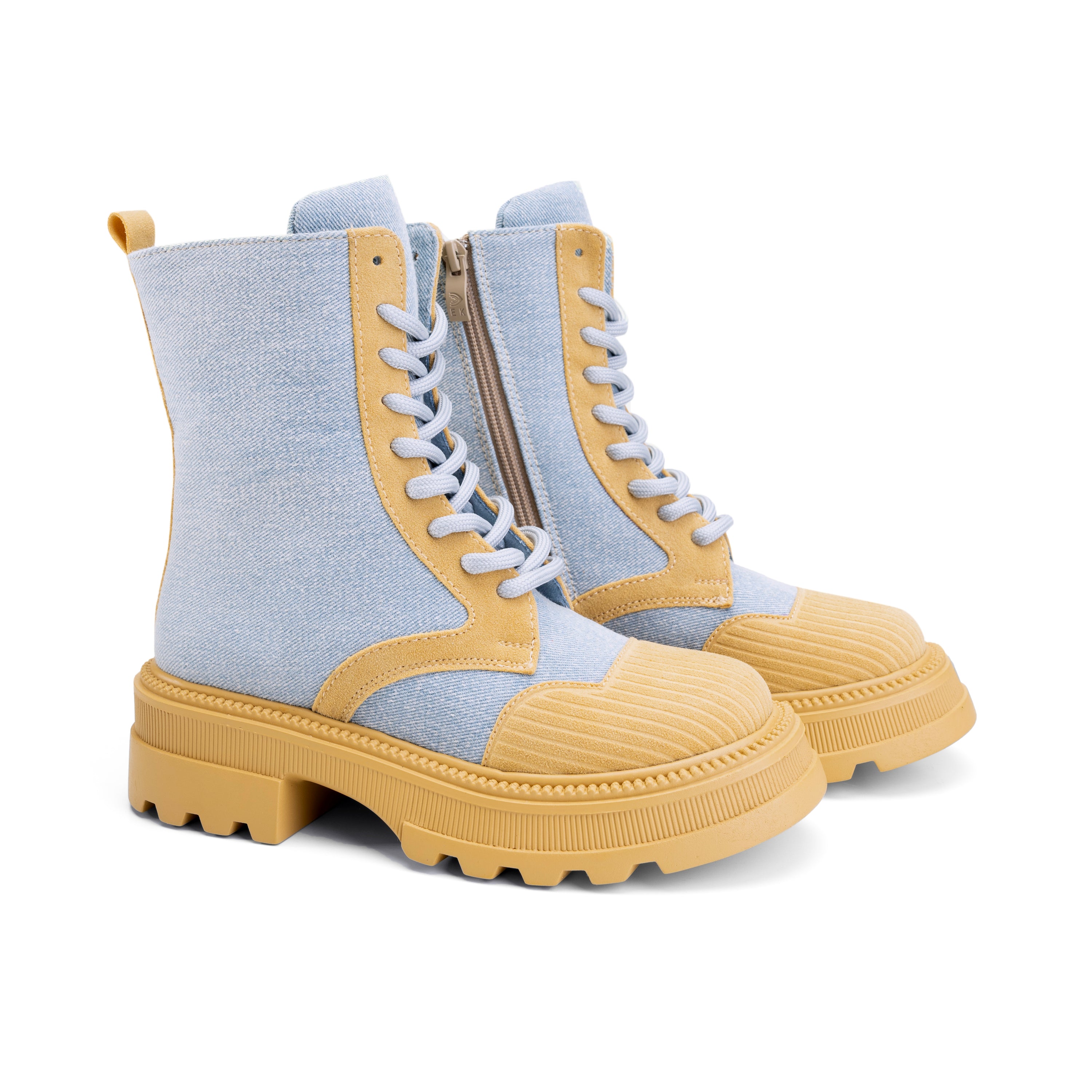 Denim Base Duo Color Lace Up Boots - Baby Blue X Yellow