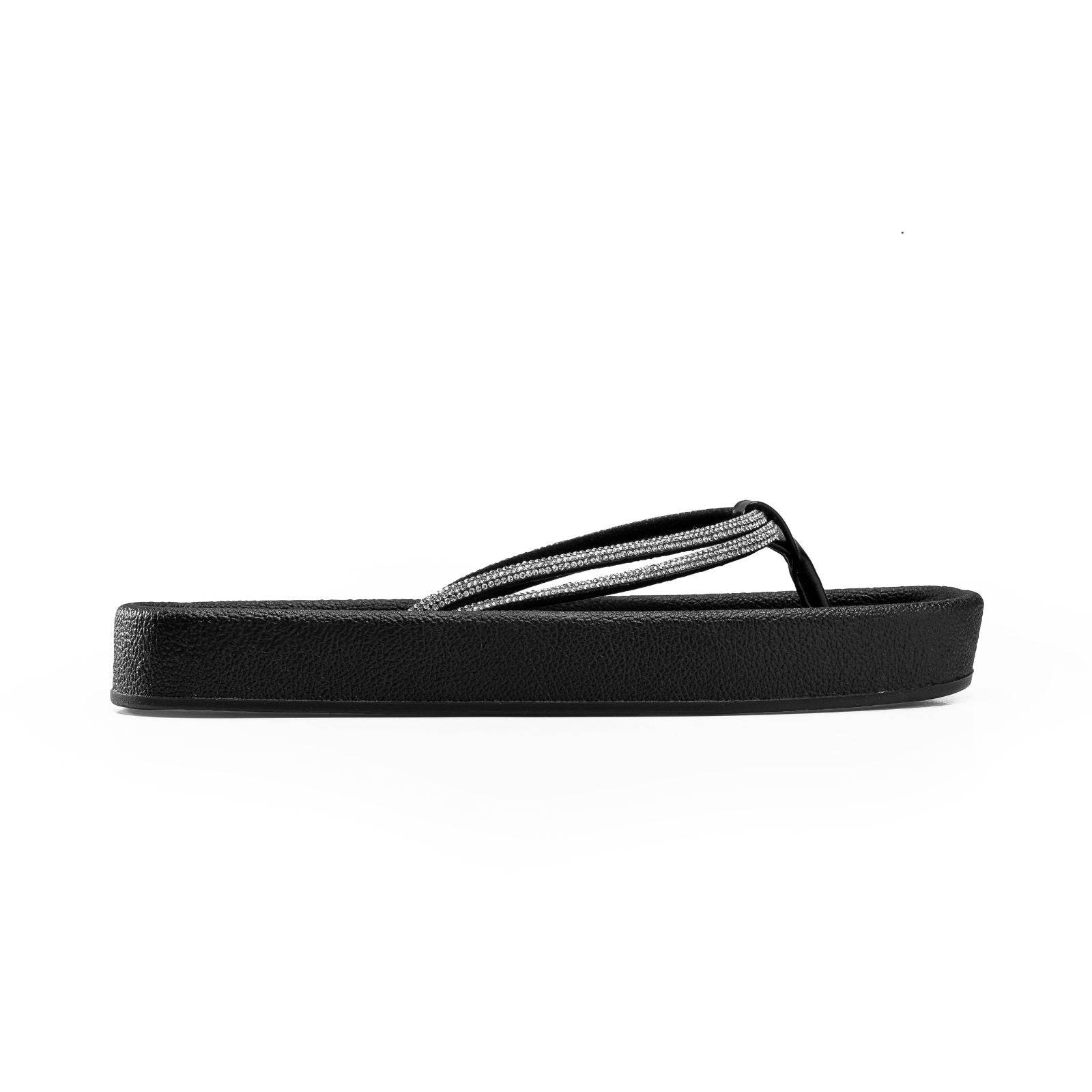 Platform Flip-Flops with Rhinestone Straps - Black