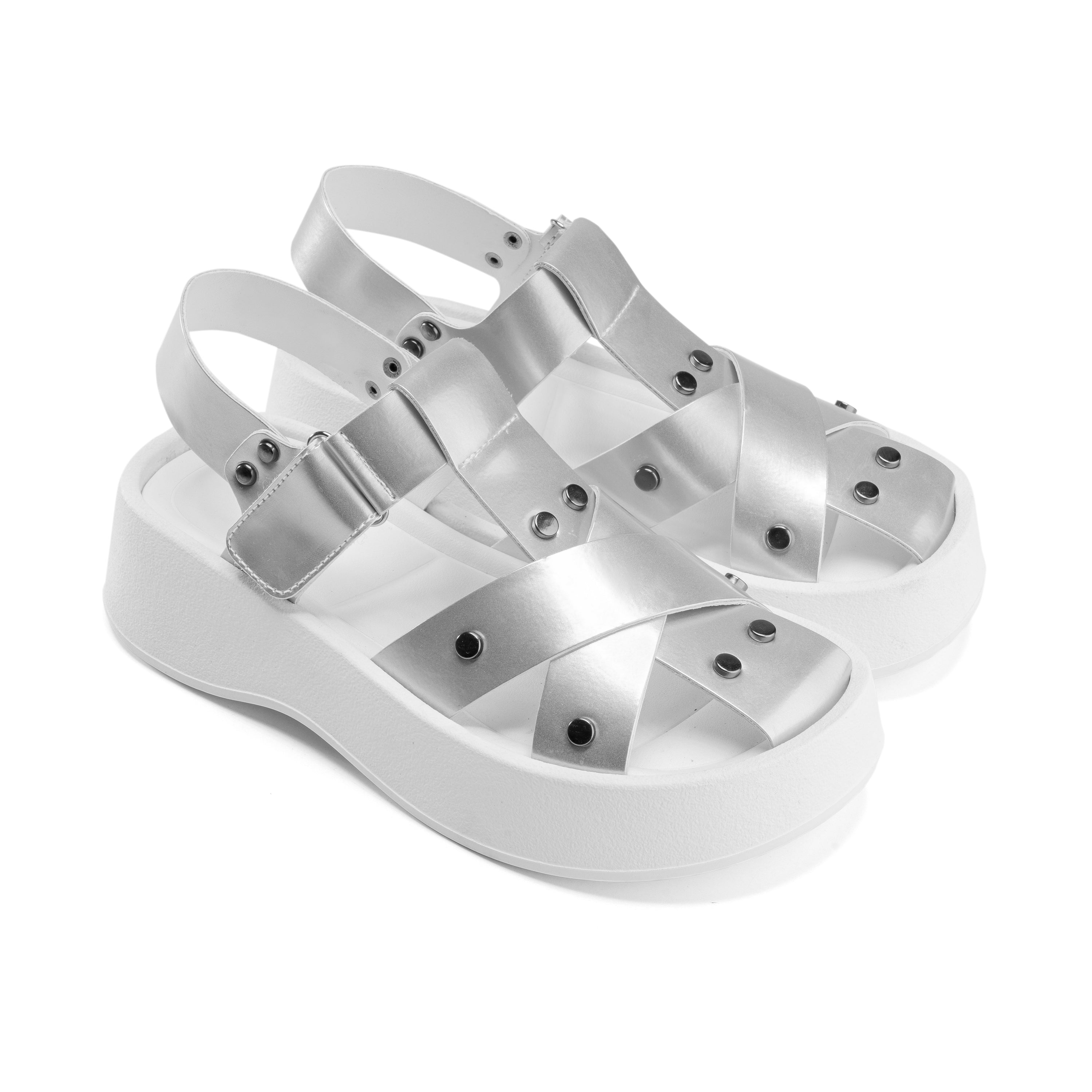 Rivet Crisscross Platform Sandals - Silver