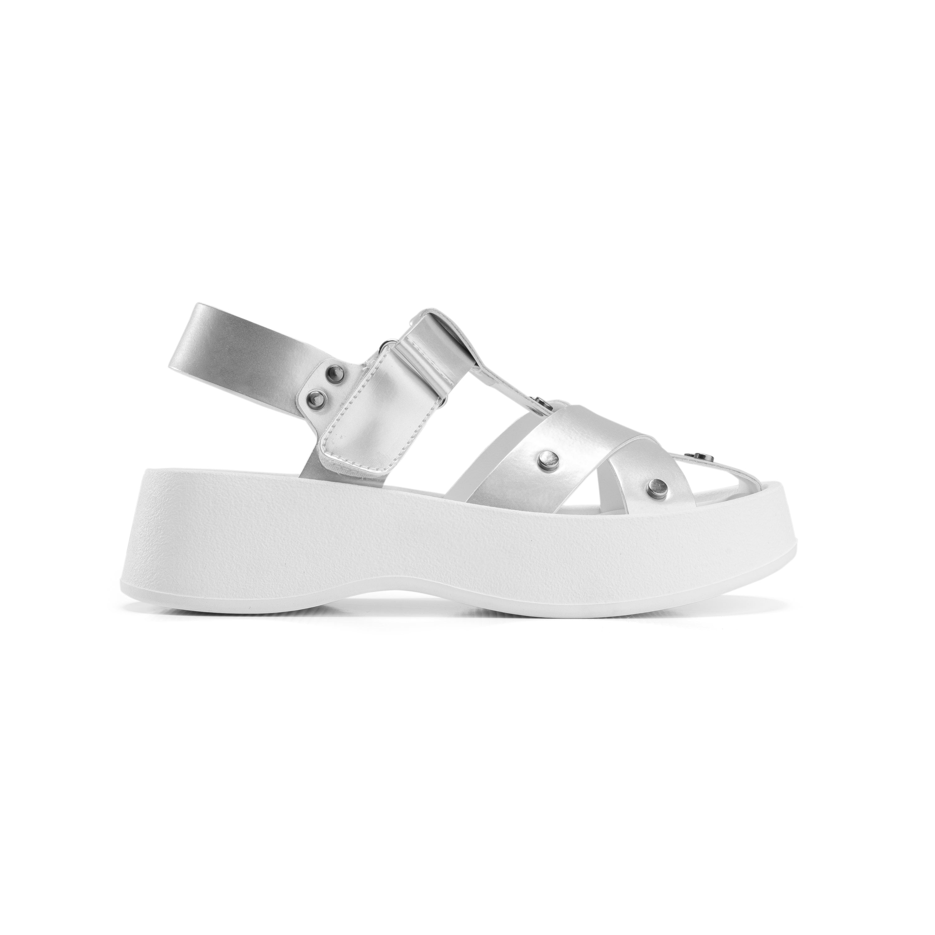 Rivet Crisscross Platform Sandals - Silver