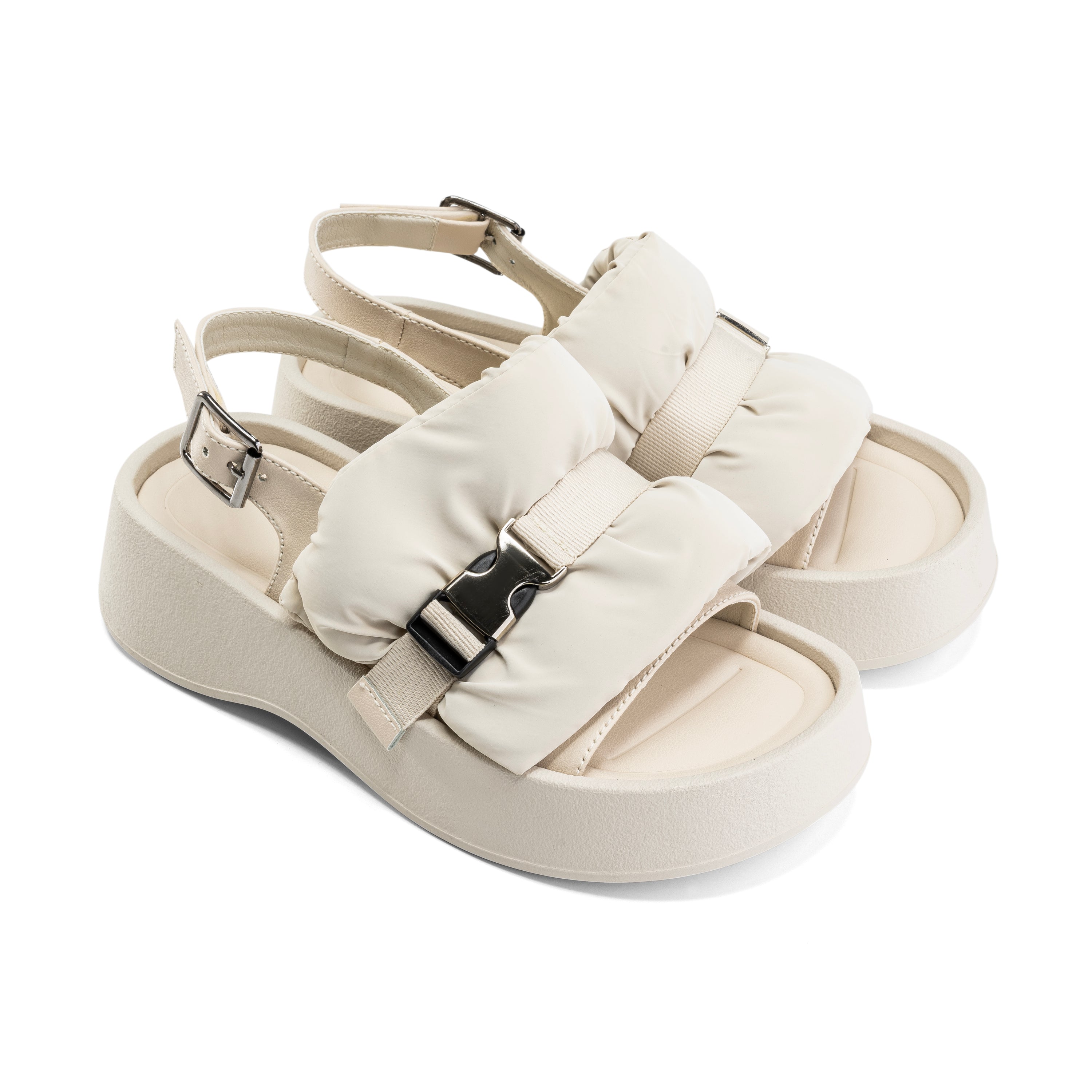 Padded Buckle Platform Sandals - Beige