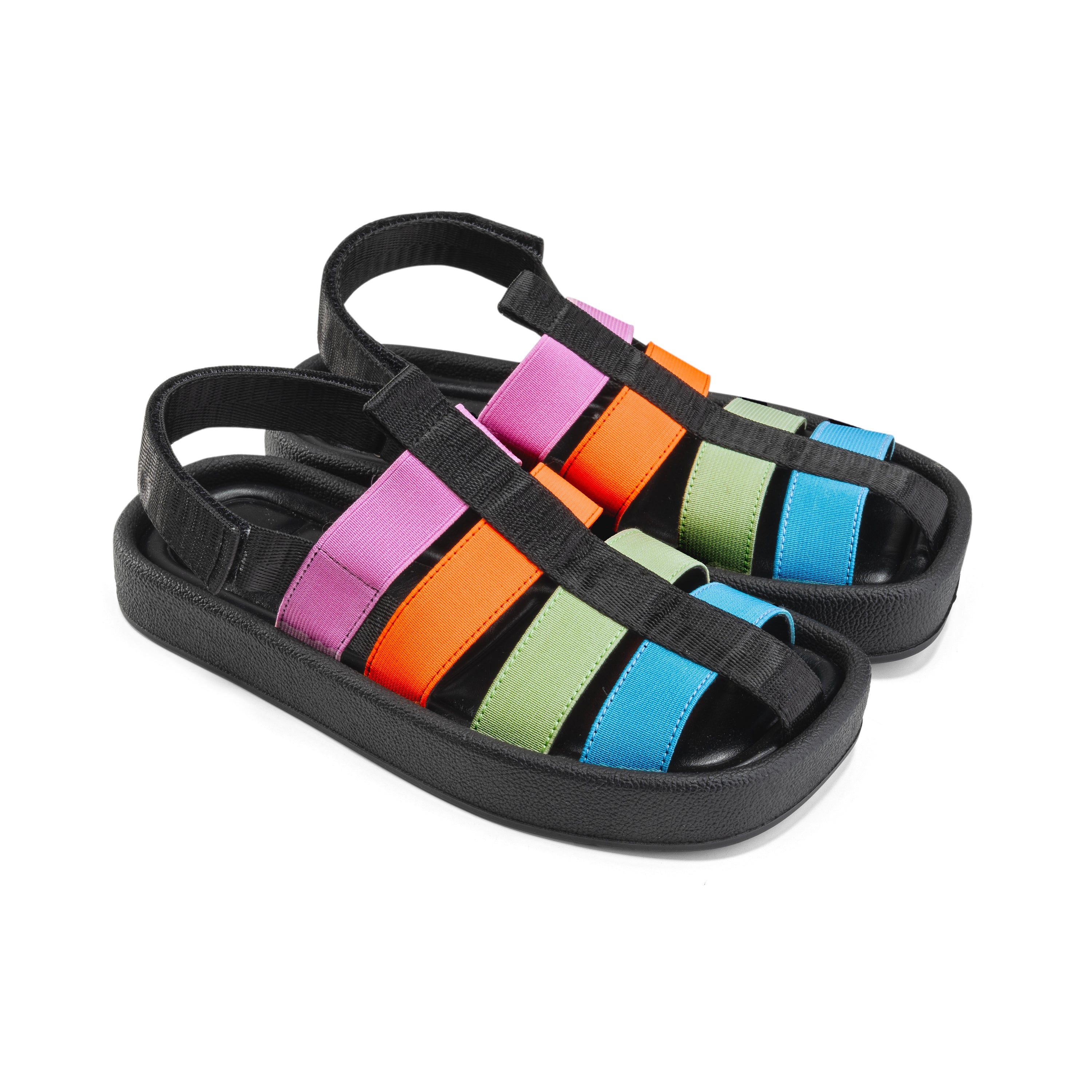 Multicolor Stripe Platform Sandals - Black