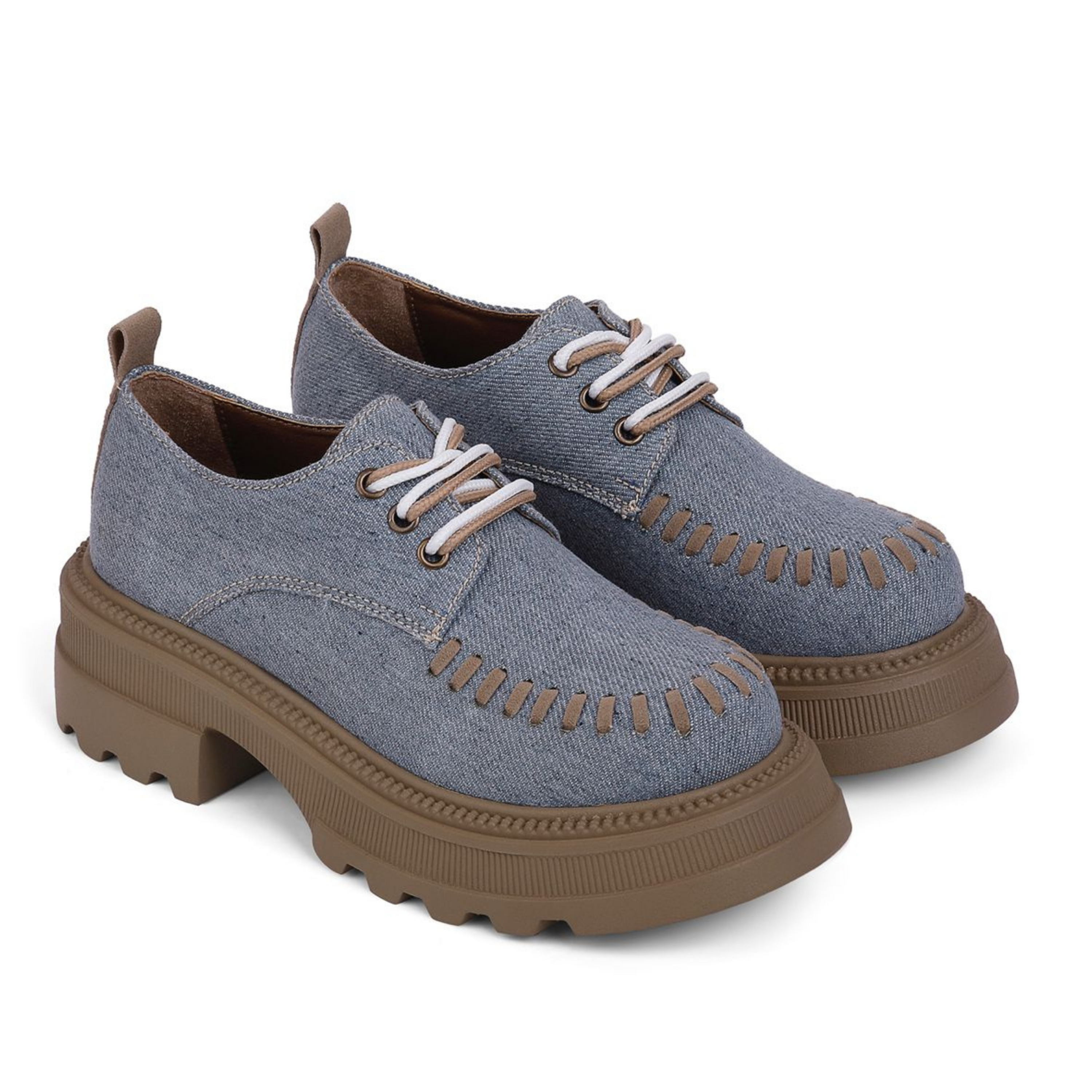 Stitched Chunky Lace-Up Derby Loafers - Jeans