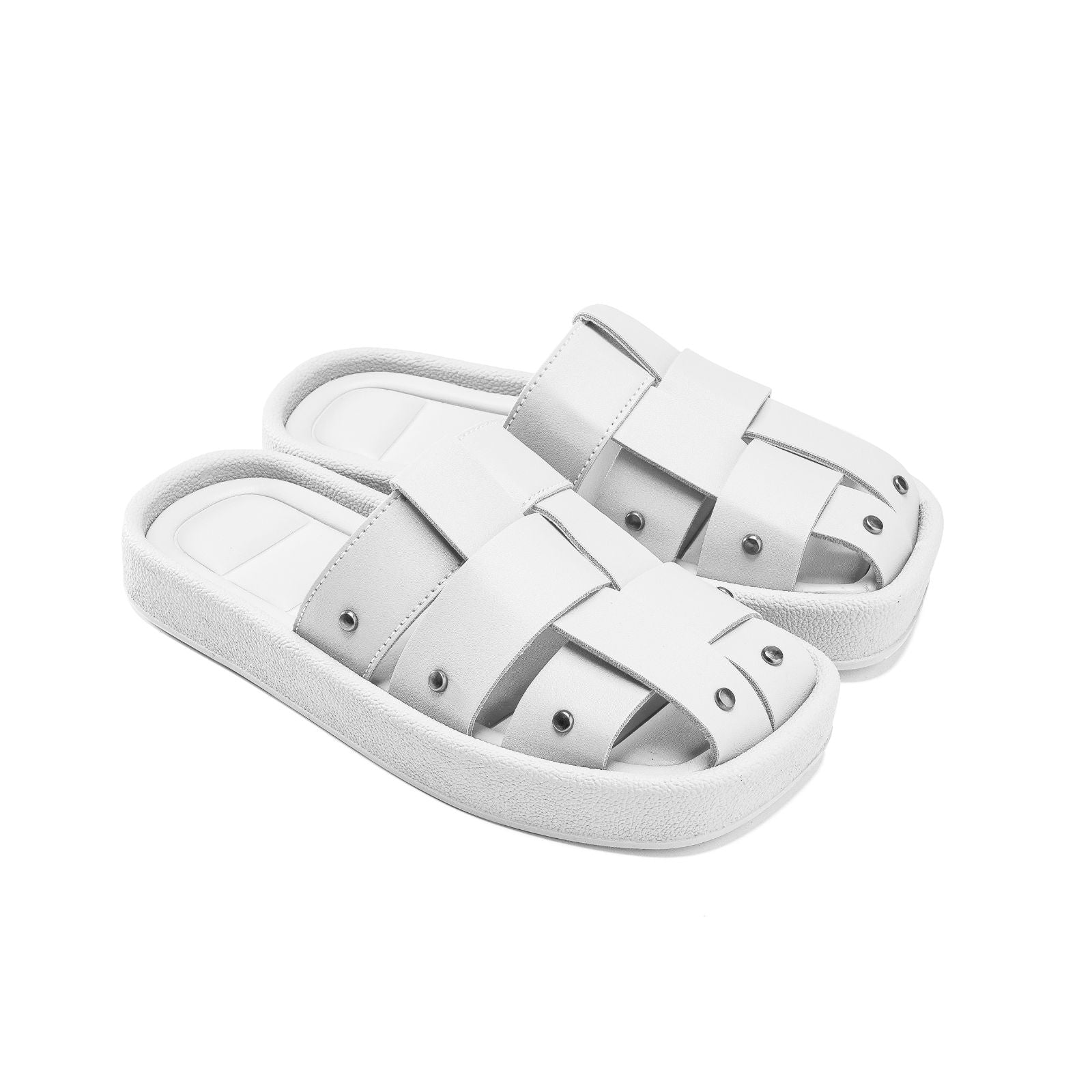 Leather Cross-Strap Platform Slides - White