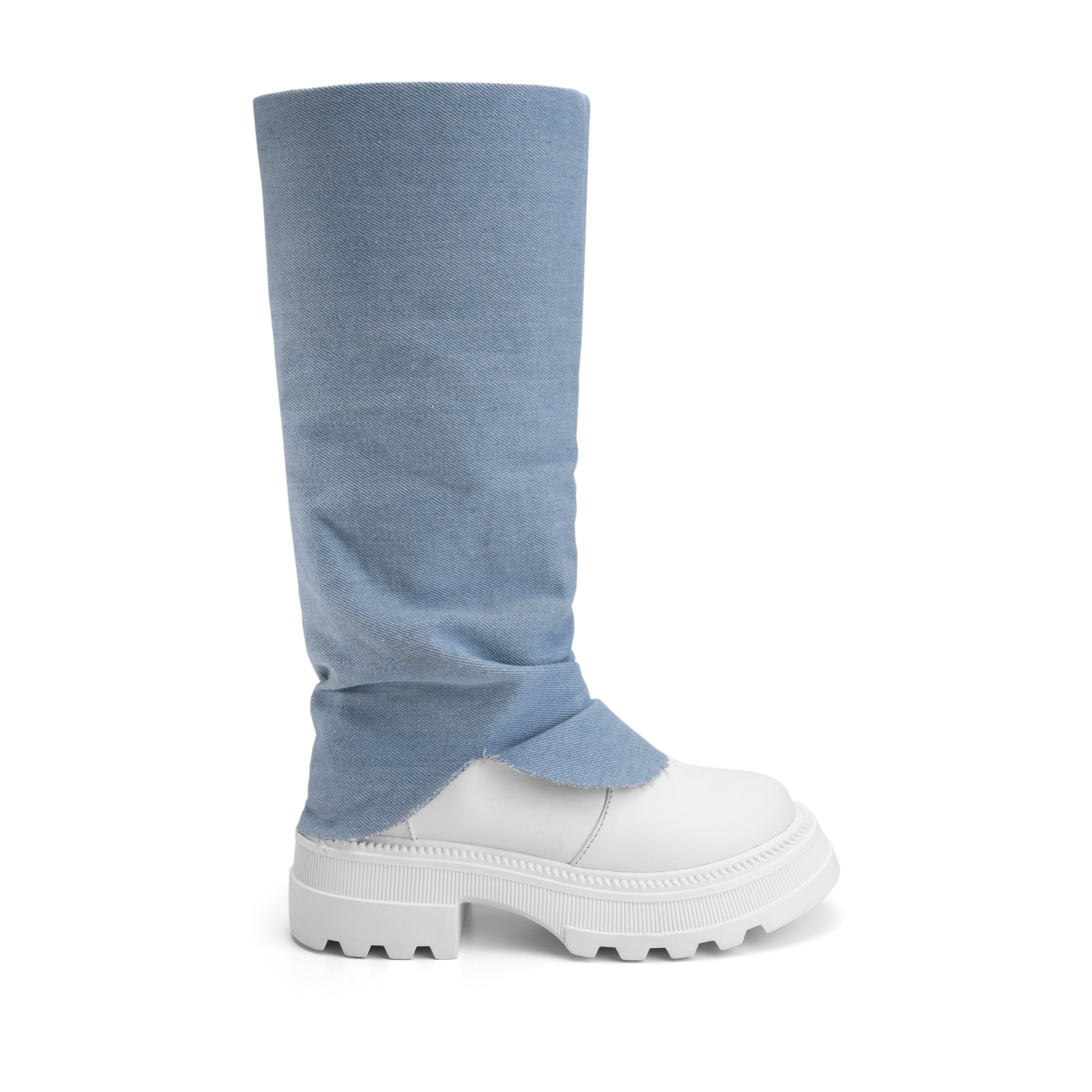 Denim Fold Cuff Knee High Boots - White X Blue