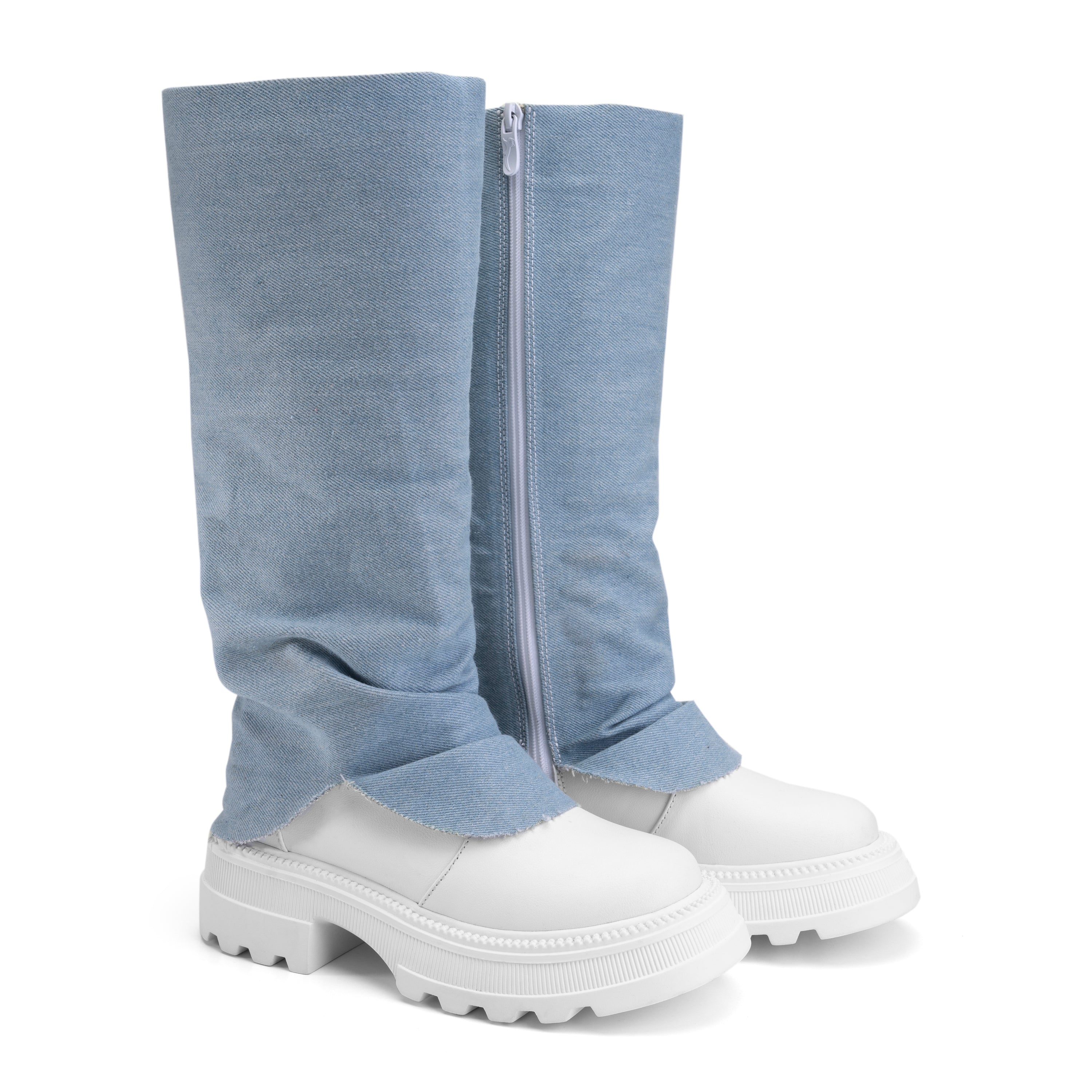 Denim Fold Cuff Knee High Boots - White X Blue