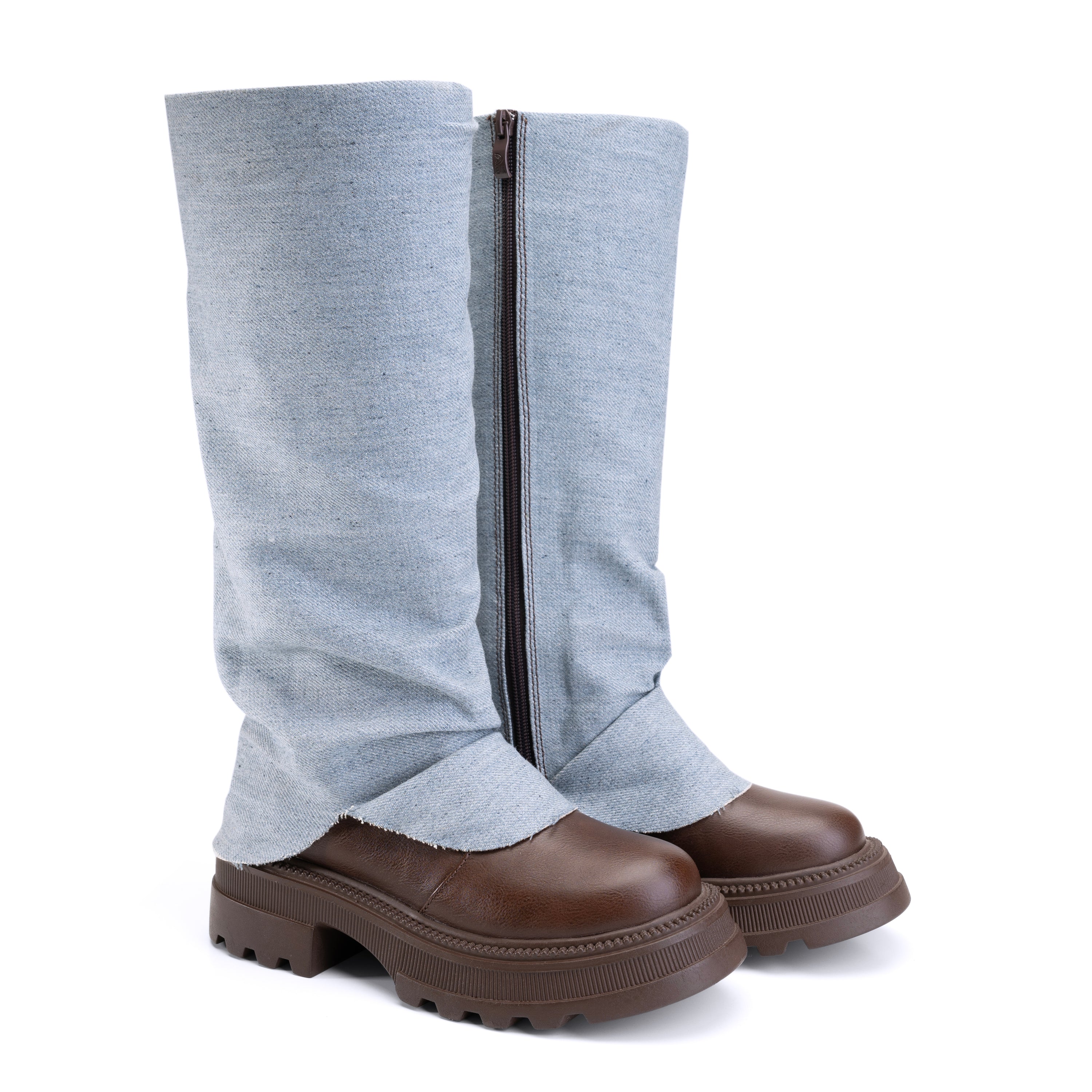 Denim Fold Cuff Knee High Boots - Brown X Blue