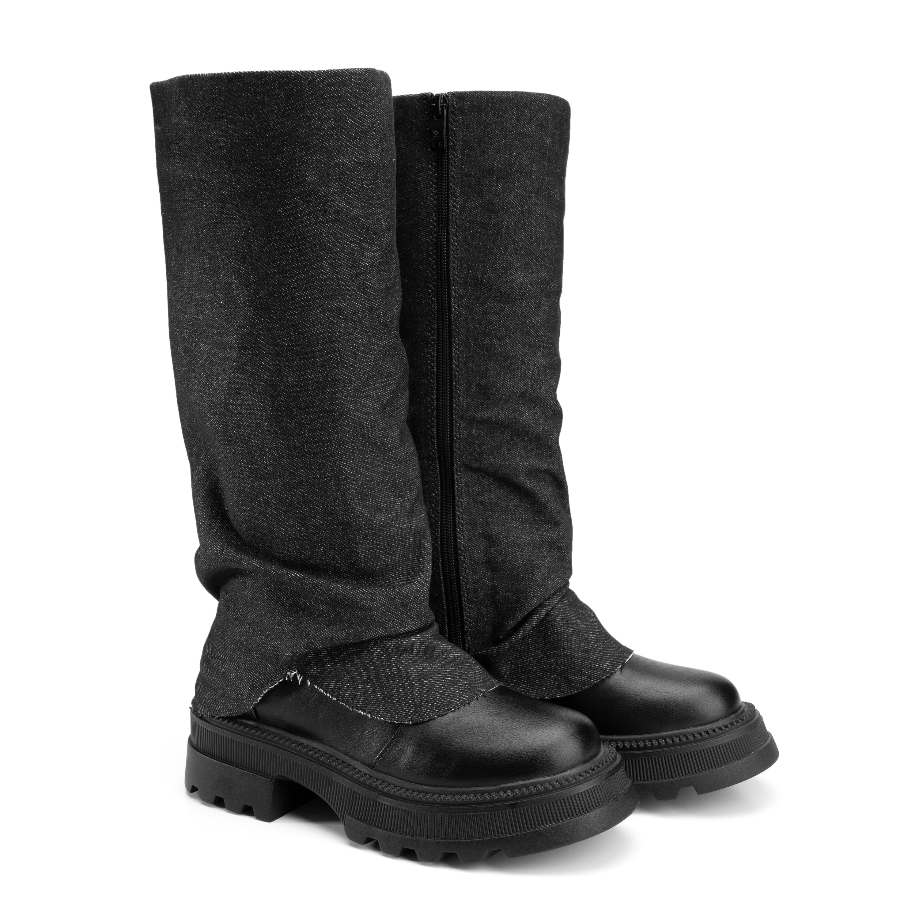 Denim Fold Cuff Knee High Boots - Pure Black