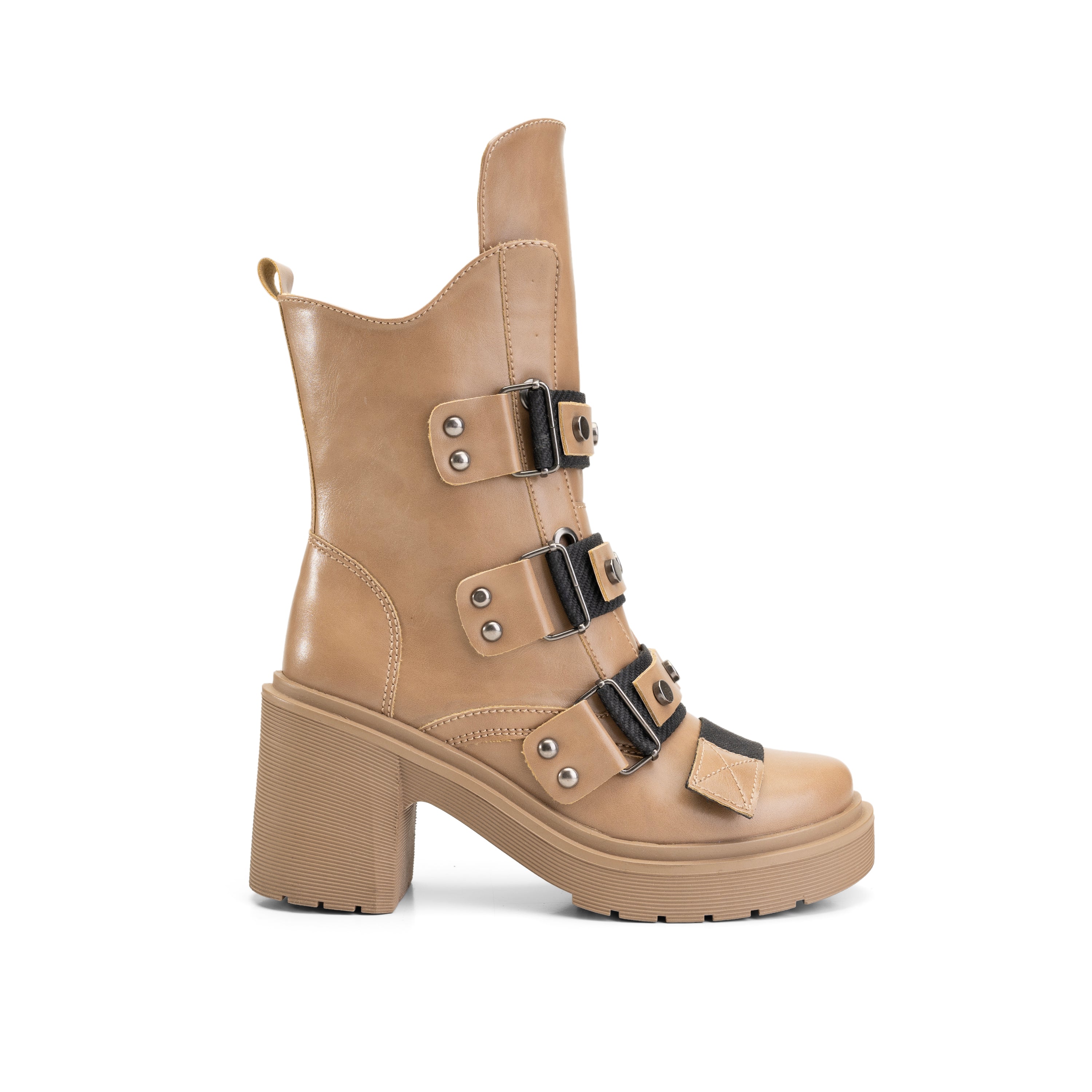 Triple Buckle Heeled Half Boots - Beige