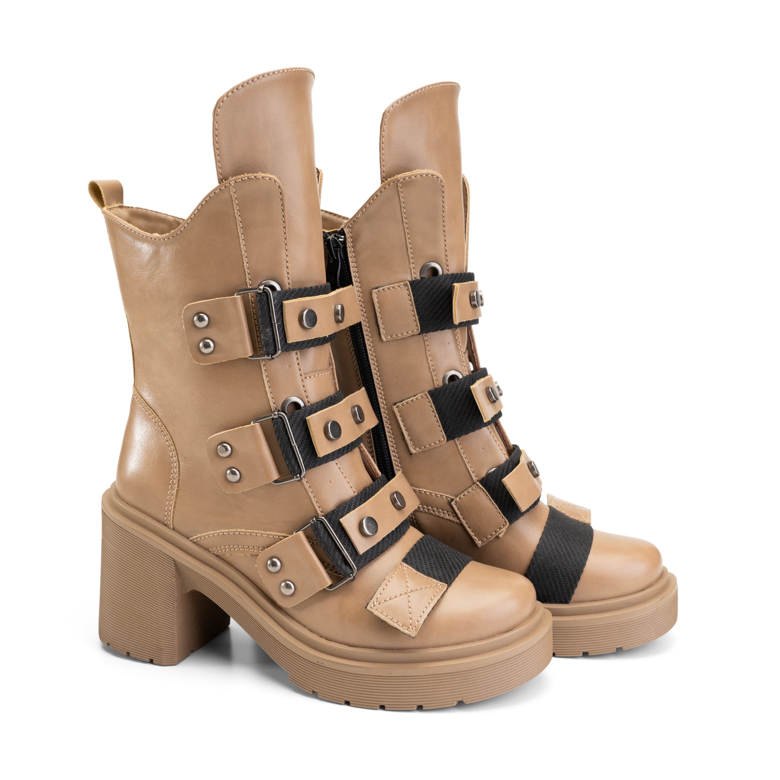 Triple Buckle Heeled Half Boots - Beige