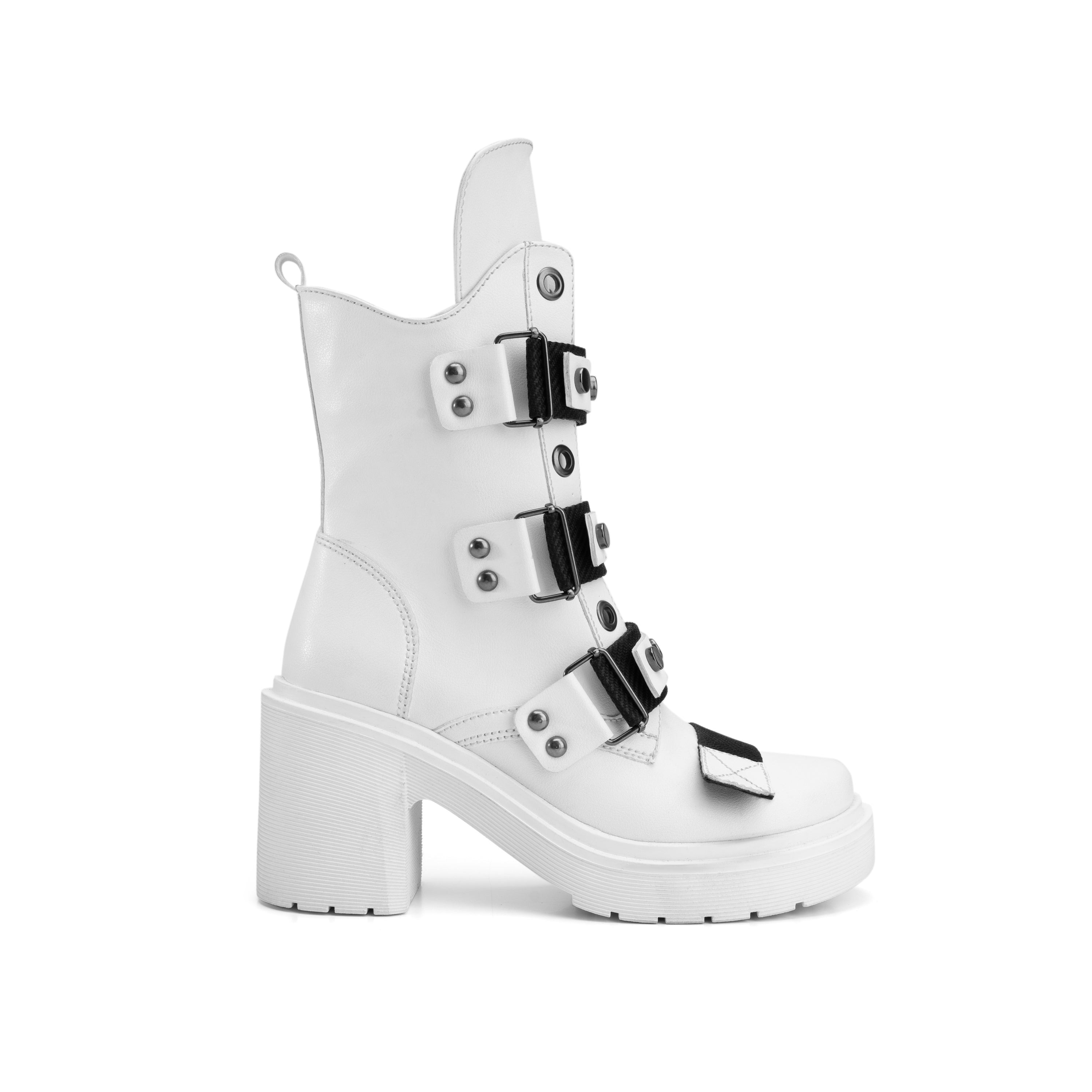 Triple Buckle Heeled Half Boots - White